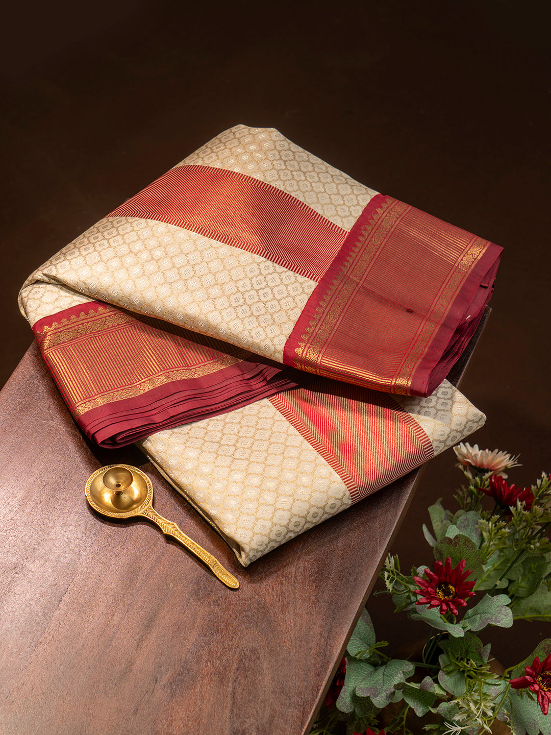 Men Premium Pure Silk OffWhite Dhoti & Towel Set with 2-gram Gold Coating Jari Border Amirtham