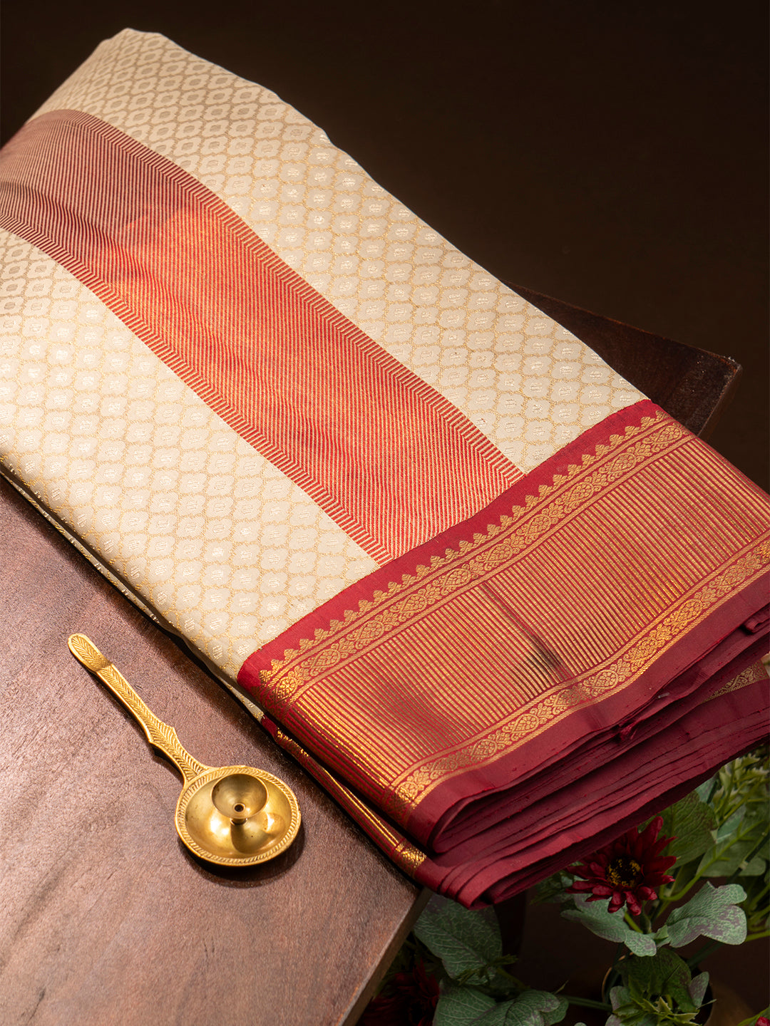 Men Premium Pure Silk OffWhite Dhoti & Towel Set with 2-gram Gold Coating Jari Border Amirtham