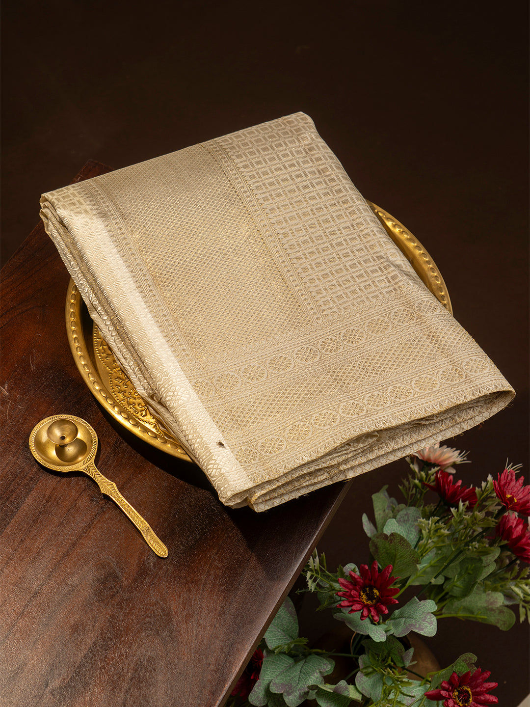 Men Premium Pure Silk Cream Tissue Emboss Design Dhoti & Towel Set 2-gram Gold Coating Jari Border Amirtham