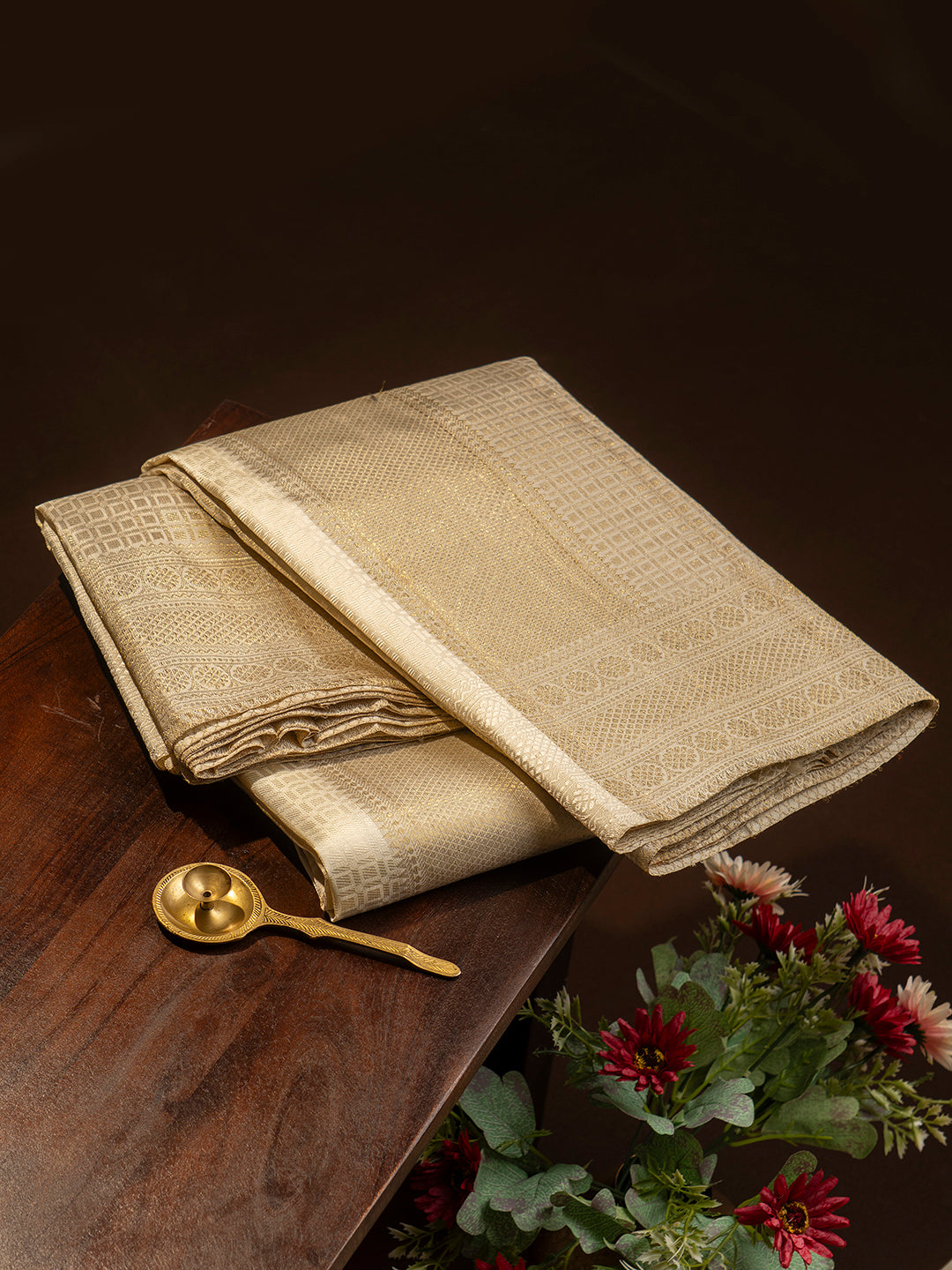 Men Premium Pure Silk Cream Tissue Emboss Design Dhoti & Towel Set 2-gram Gold Coating Jari Border Amirtham