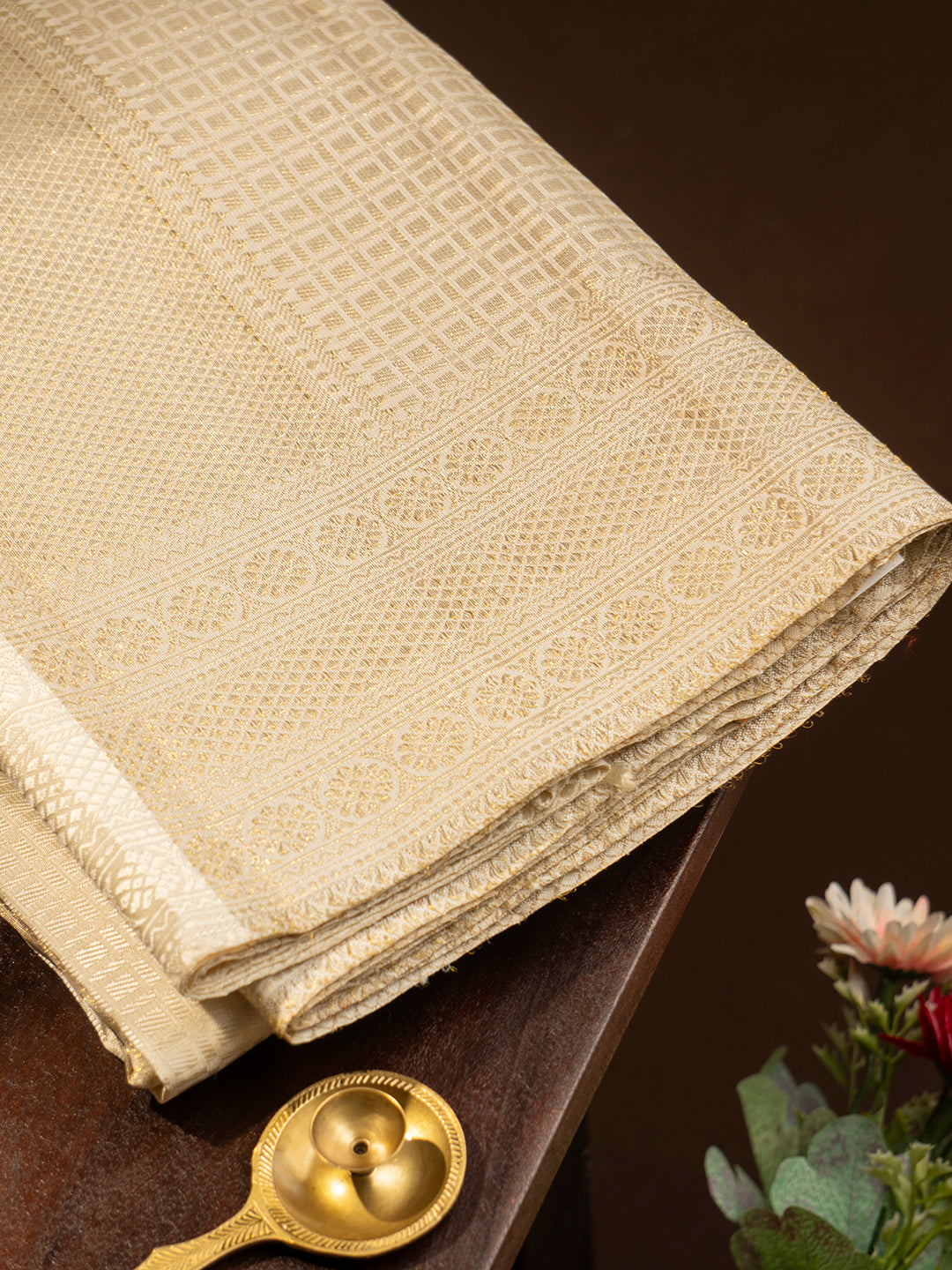 Men Premium Pure Silk Cream Tissue Emboss Design Dhoti & Towel Set 2-gram Gold Coating Jari Border Amirtham