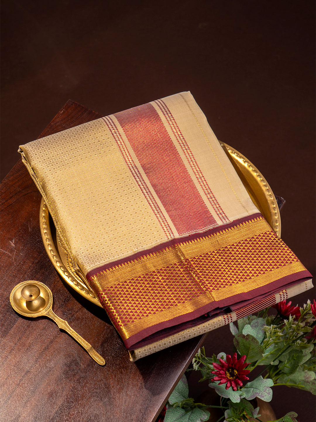 Men Premium Pure Silk Fawn Dhoti & Towel Set with 2-gram Gold Coating Jari Border Amirtham 02