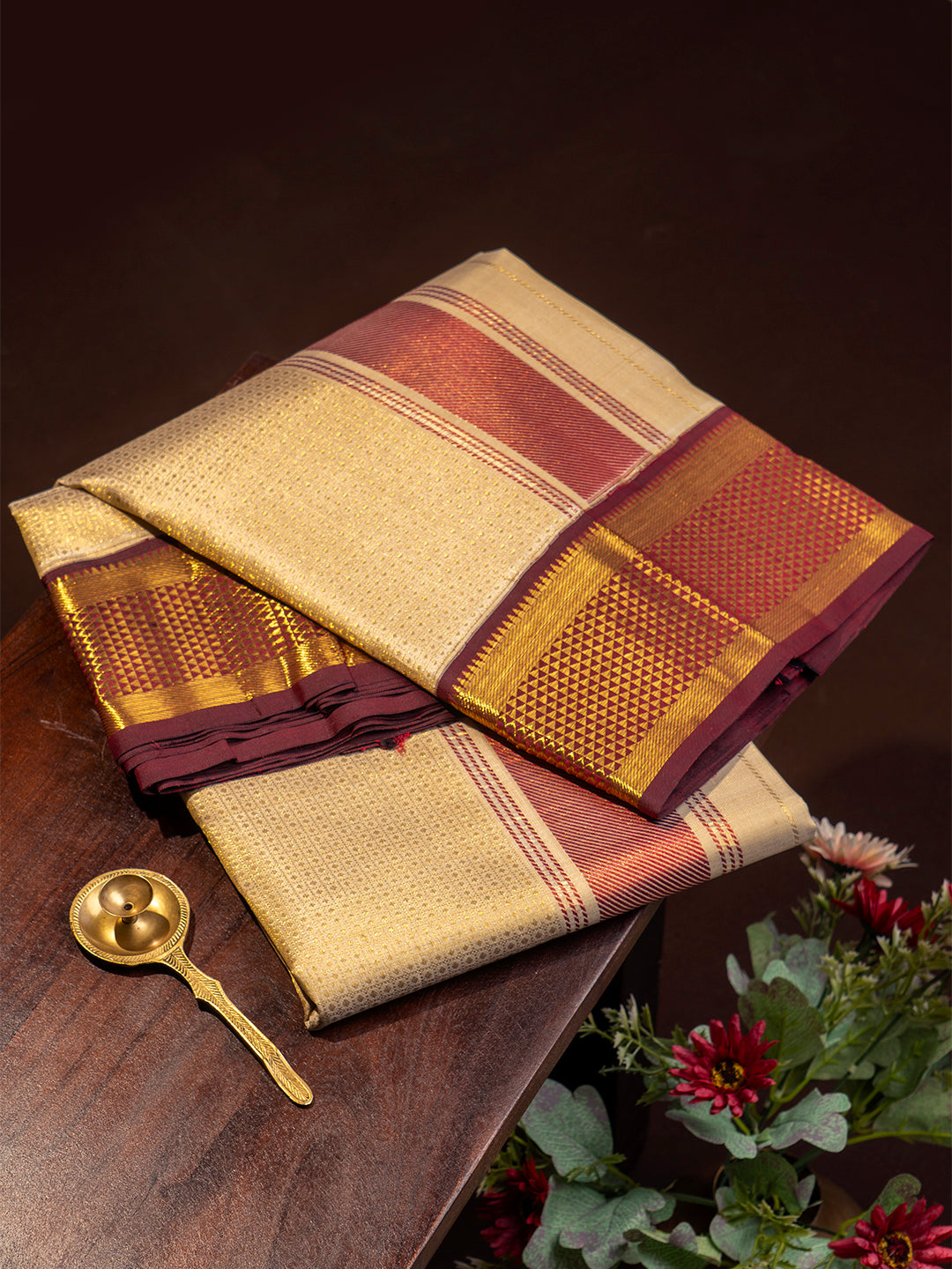 Men Premium Pure Silk Fawn Dhoti & Towel Set with 2-gram Gold Coating Jari Border Amirtham 02