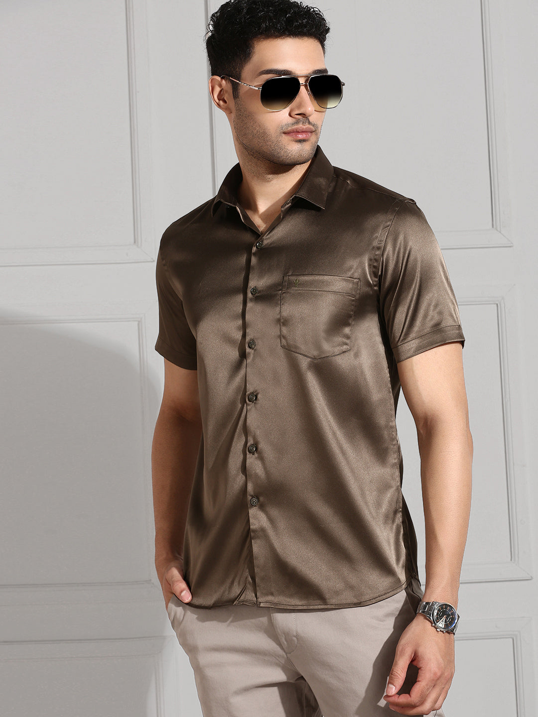 Men Stretch Poly Shirt Grayish Brown PS10