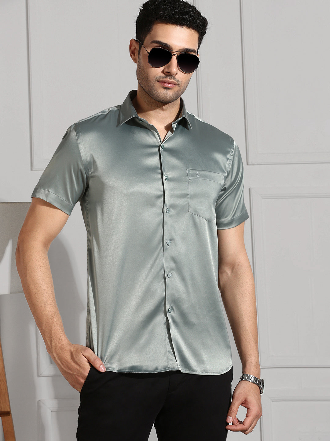 Men Stretch Poly Shirt Grayish Green PS8