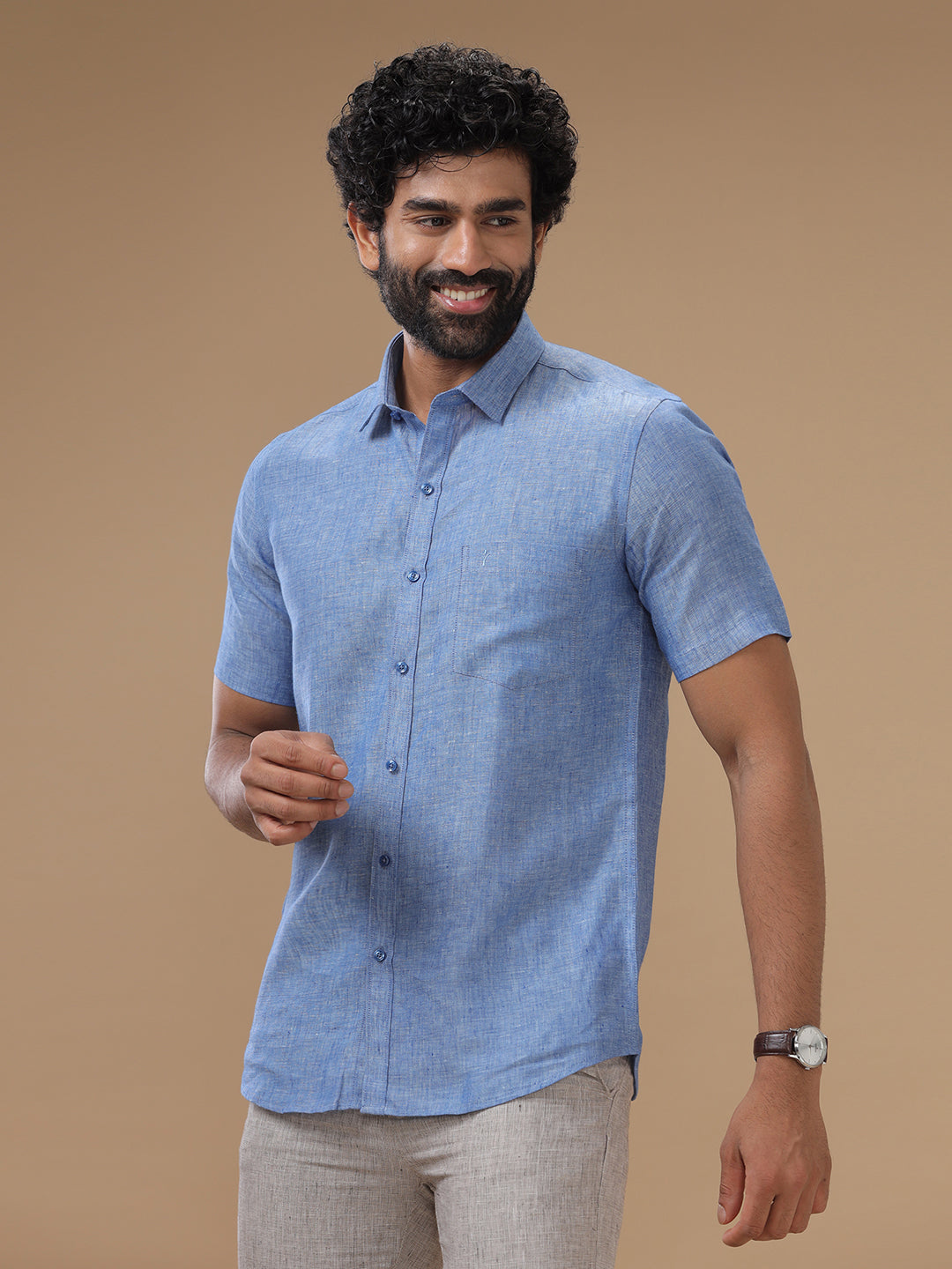 Men Pure Linen Blue Shirt L82
