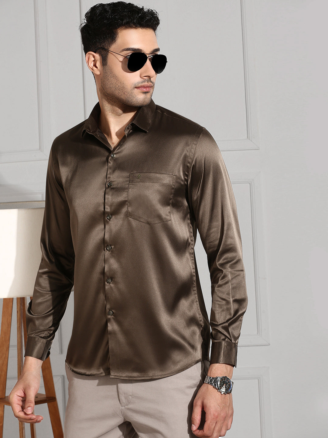 Men Stretch Poly Shirt Grayish Brown PS10