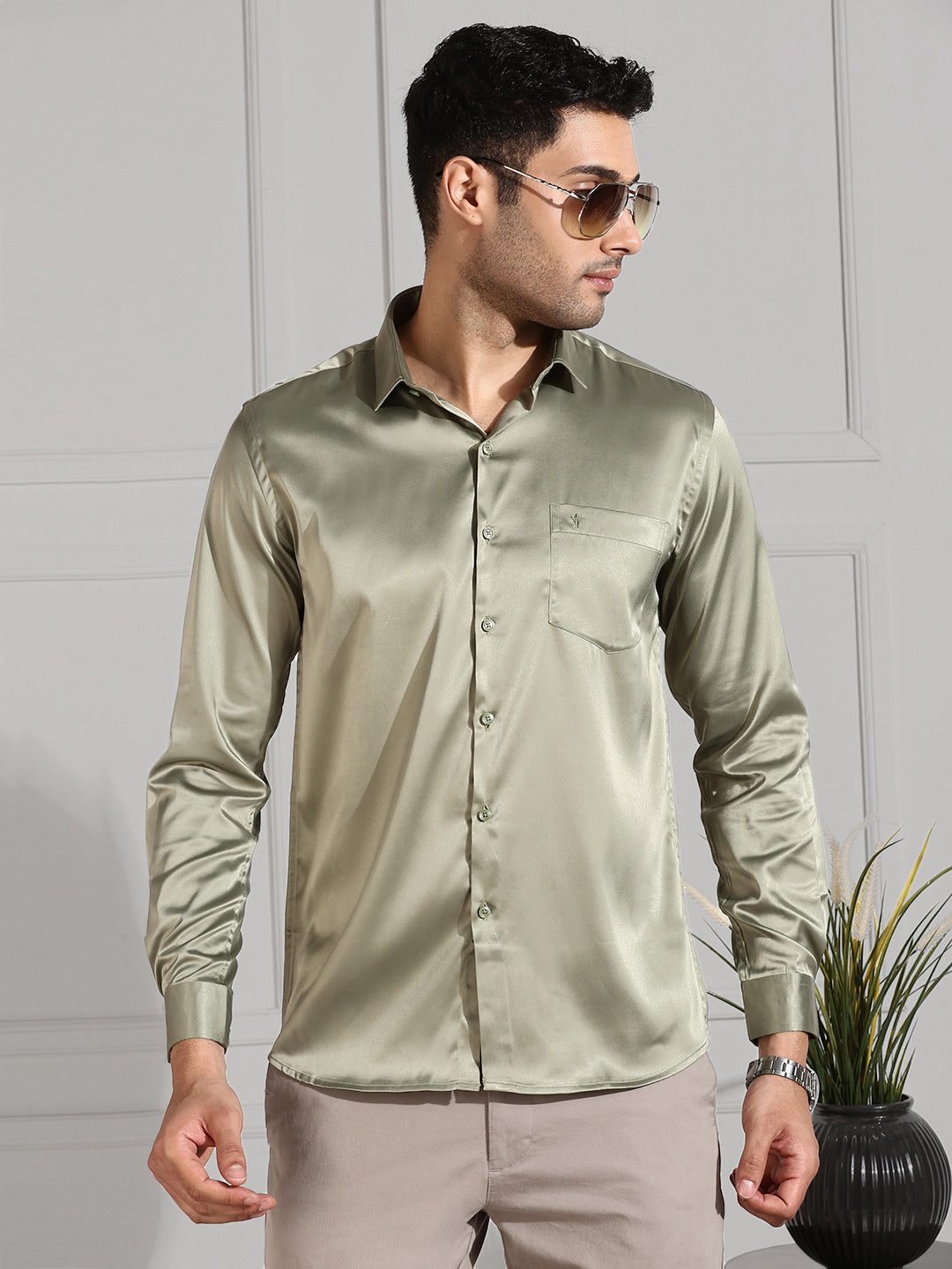 Olive green shirt men outfit on sale