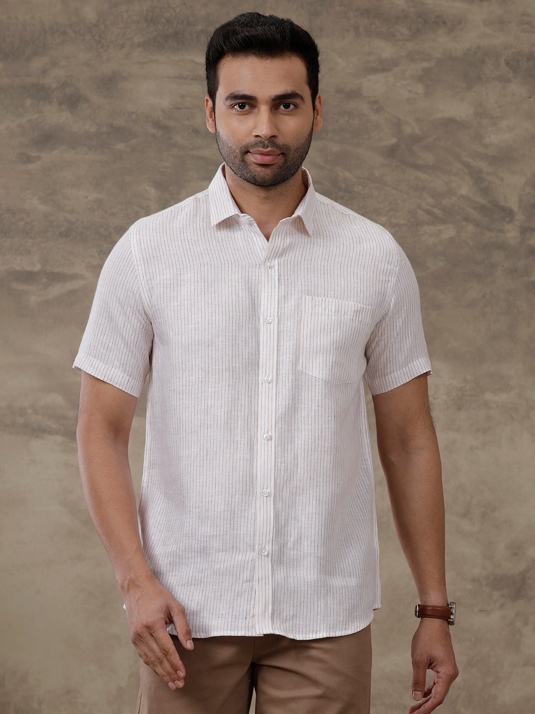 Men Pure Linen Striped Shirt White LS60