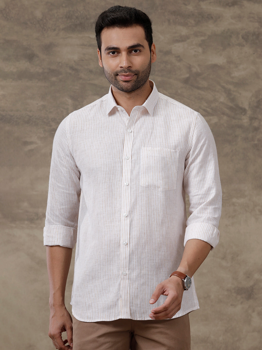 Men Pure Linen Striped Shirt White LS60