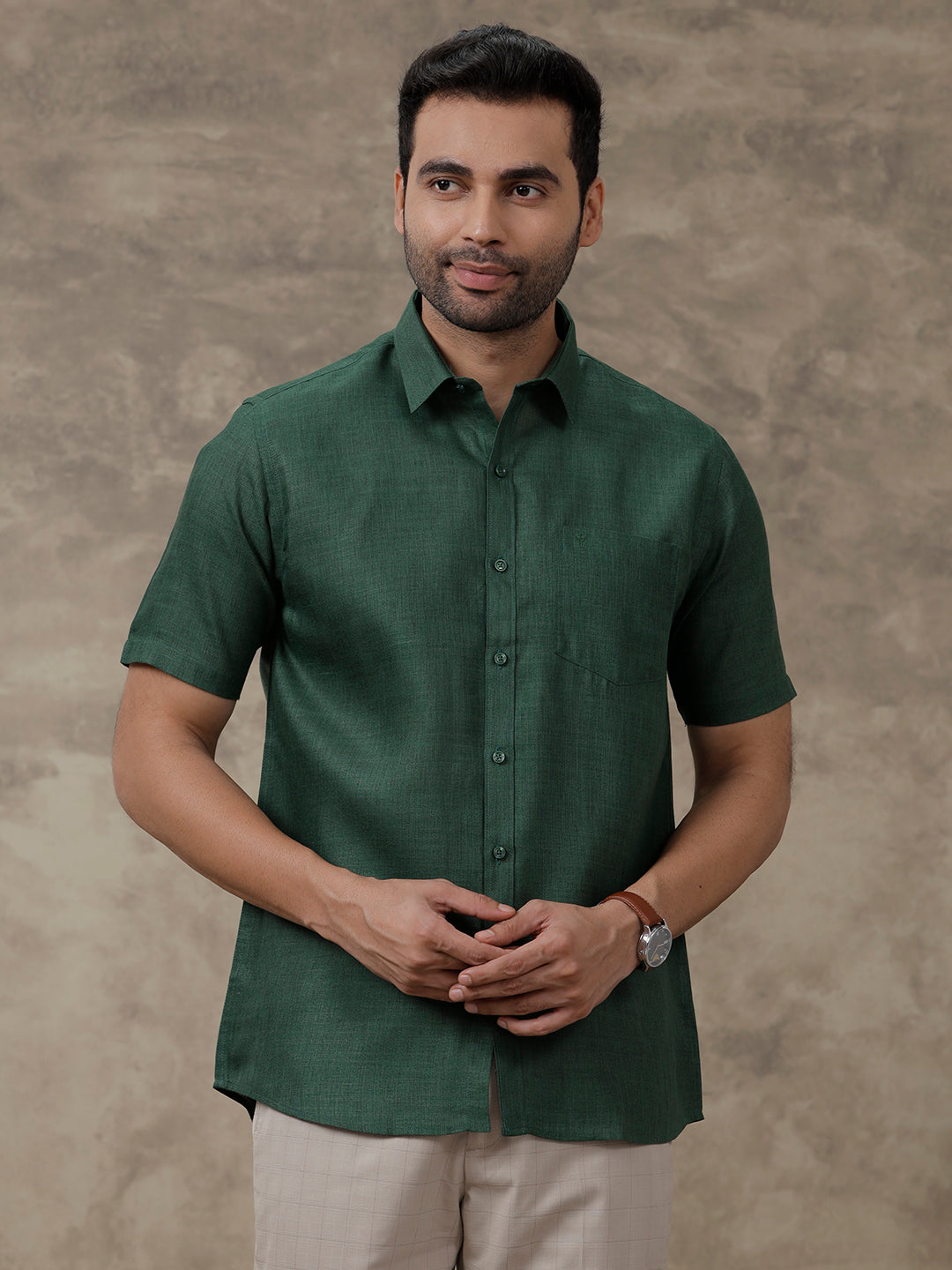 Dark Green Green Short Sleeve Button Down Mens Silk Feel Dark