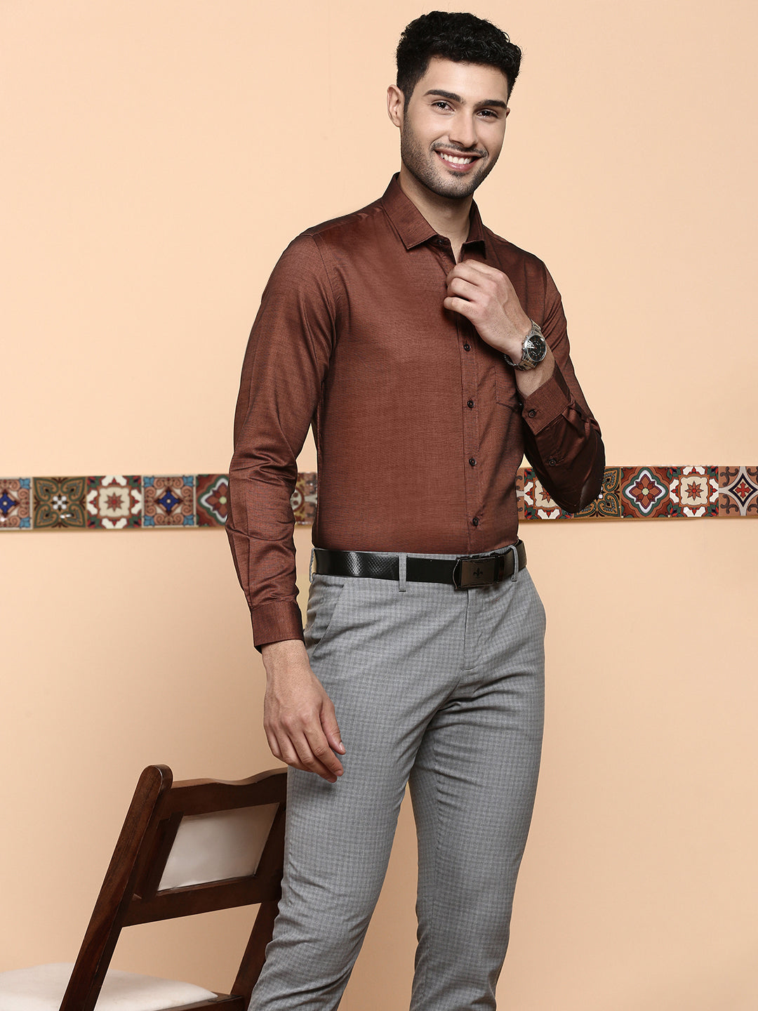Men Premium Cotton Full Sleeves Shirt Brown EL GP12