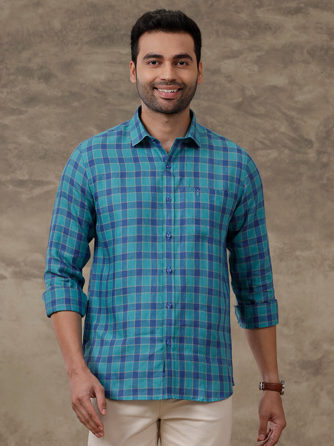 Men Pure Linen Checked Shirt Blue LS58