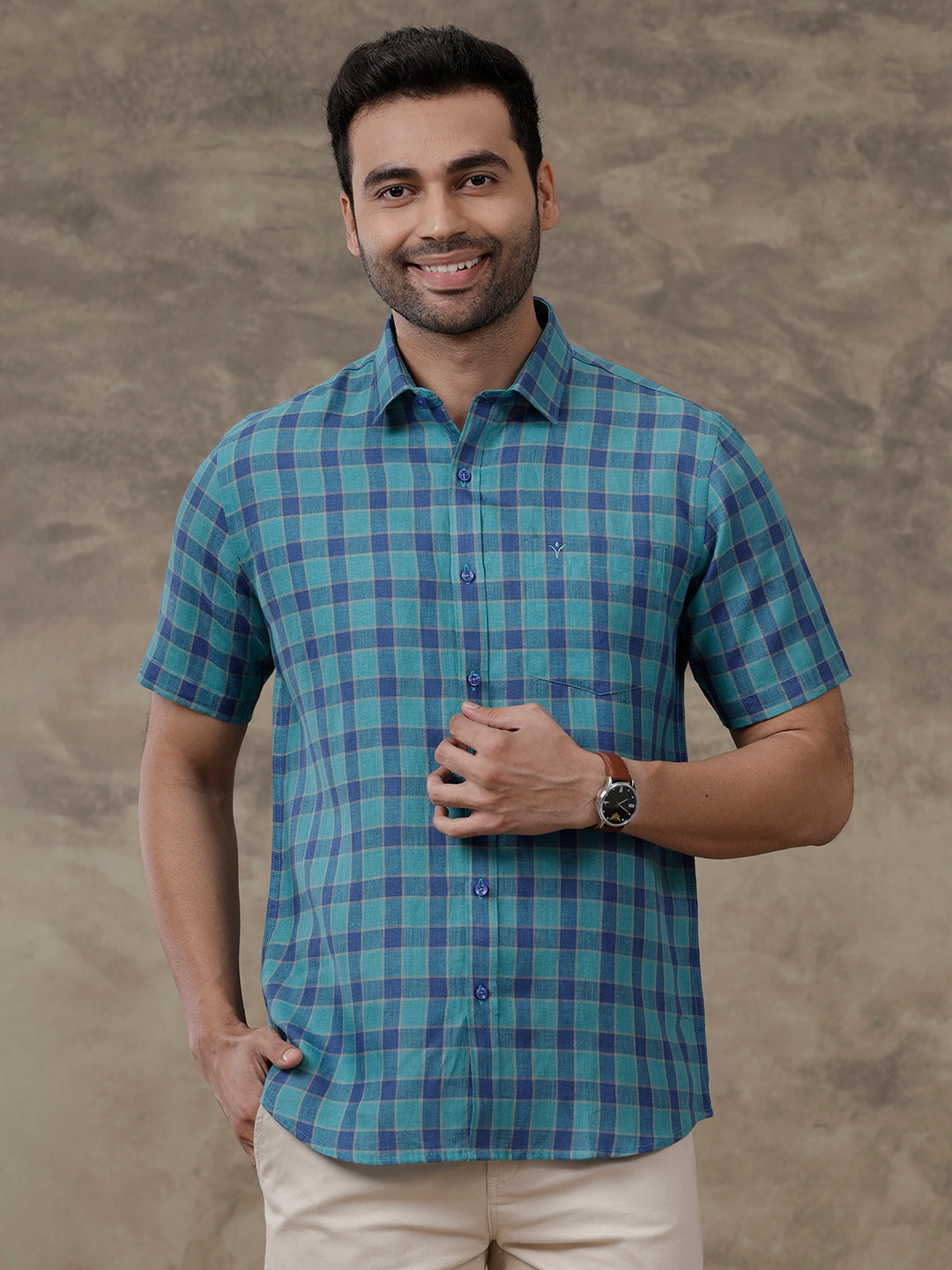 Men Pure Linen Checked Shirt Blue LS58
