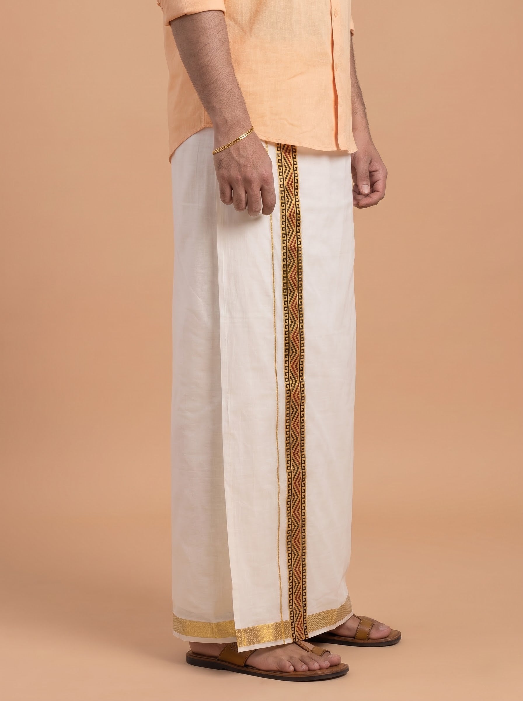 Double Layer Kora Cotton Cream Dhoti with Colour Border - HF Gold HFG04
