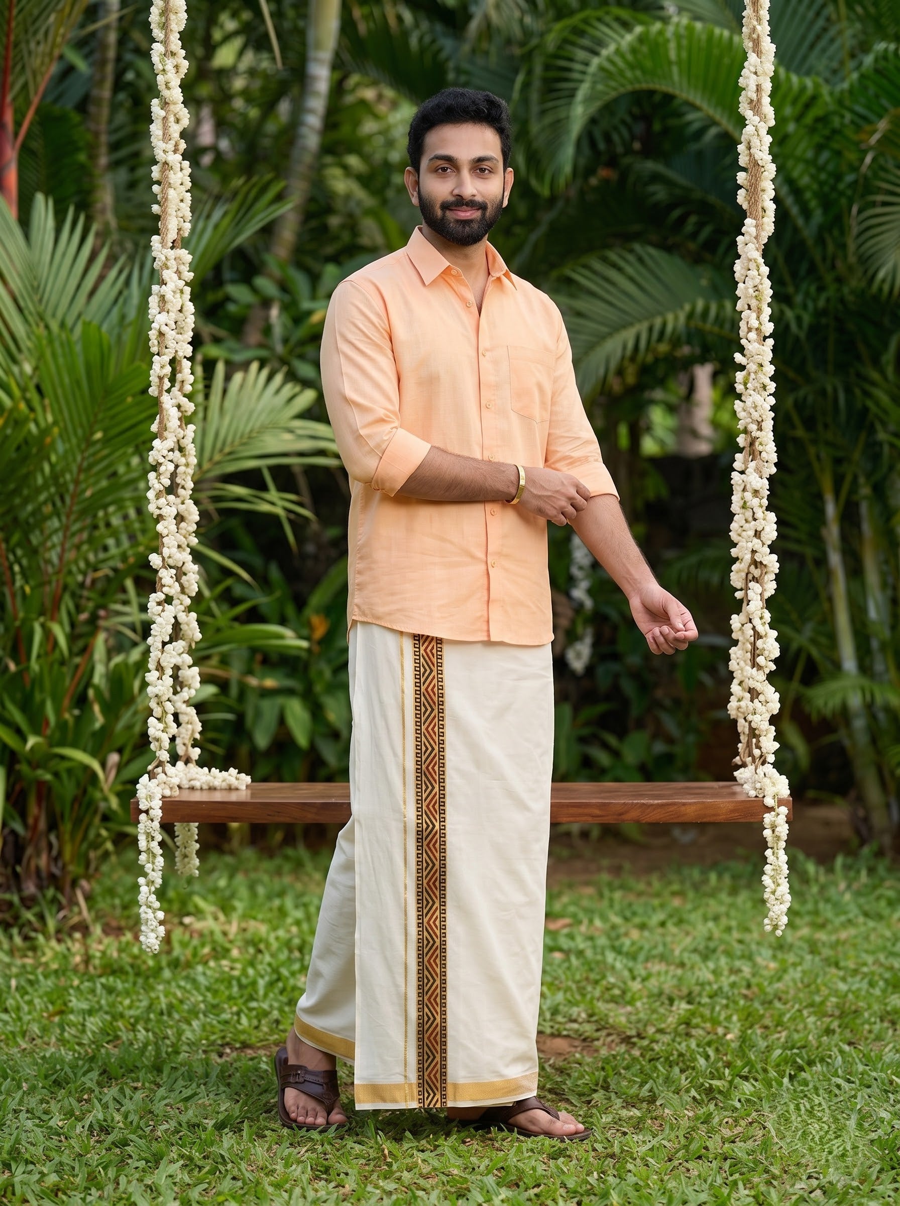 Double Layer Kora Cotton Cream Dhoti with Colour Border - HF Gold HFG04