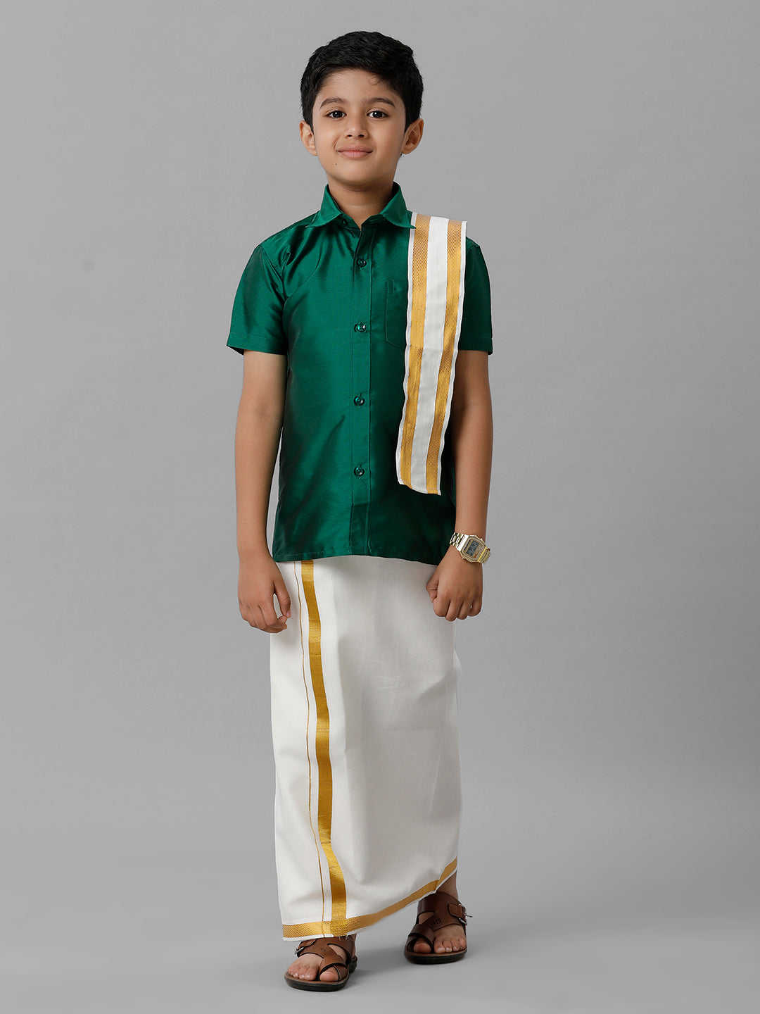 Boys Silk Cotton Green Half Sleeves Shirt with Adjustable Cream Dhoti Towel Combo K9-Front view