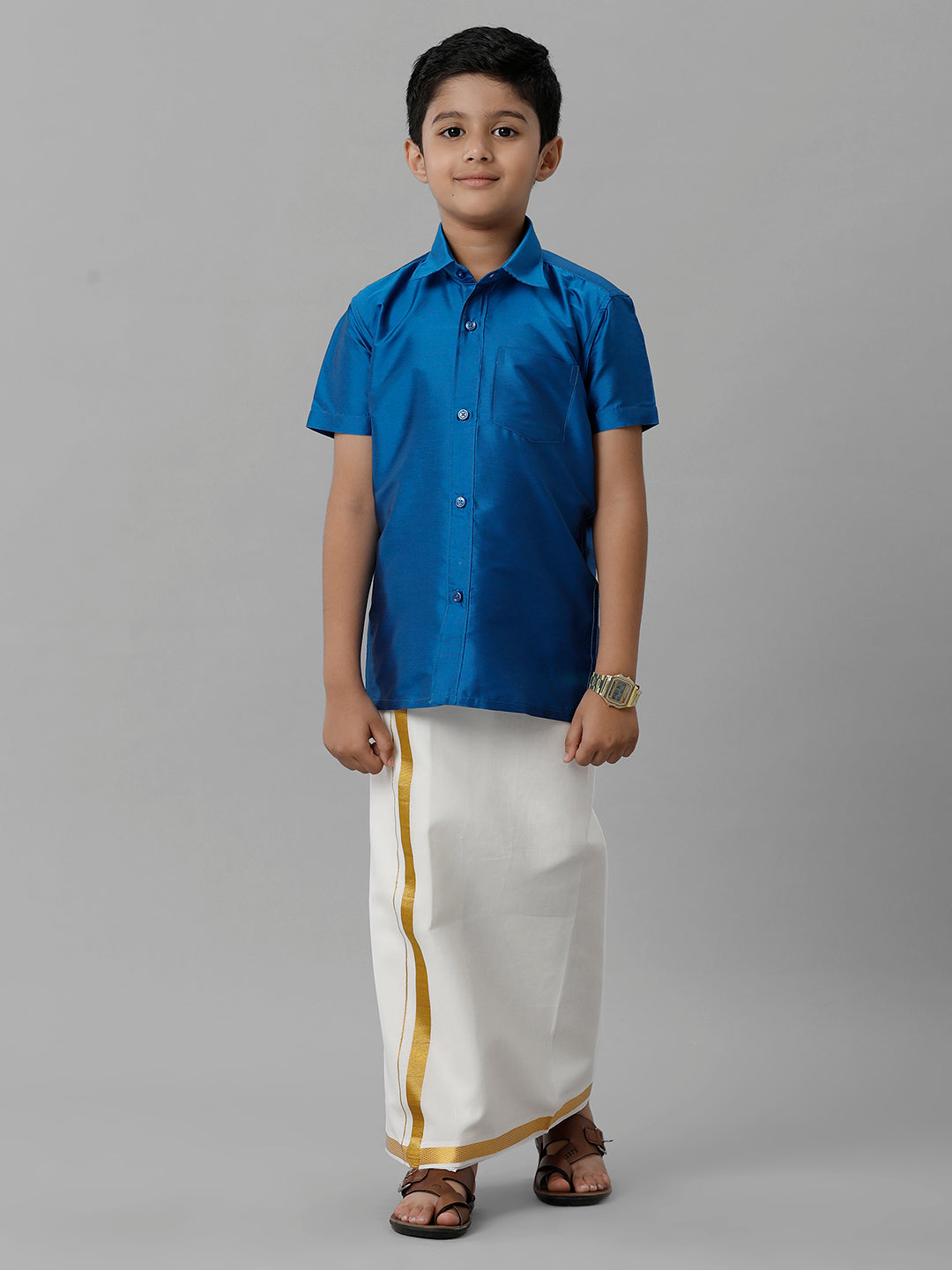 Boys Silk Cotton Royal Blue Half Sleeves Shirt with Adjustable Cream Dhoti Combo K10