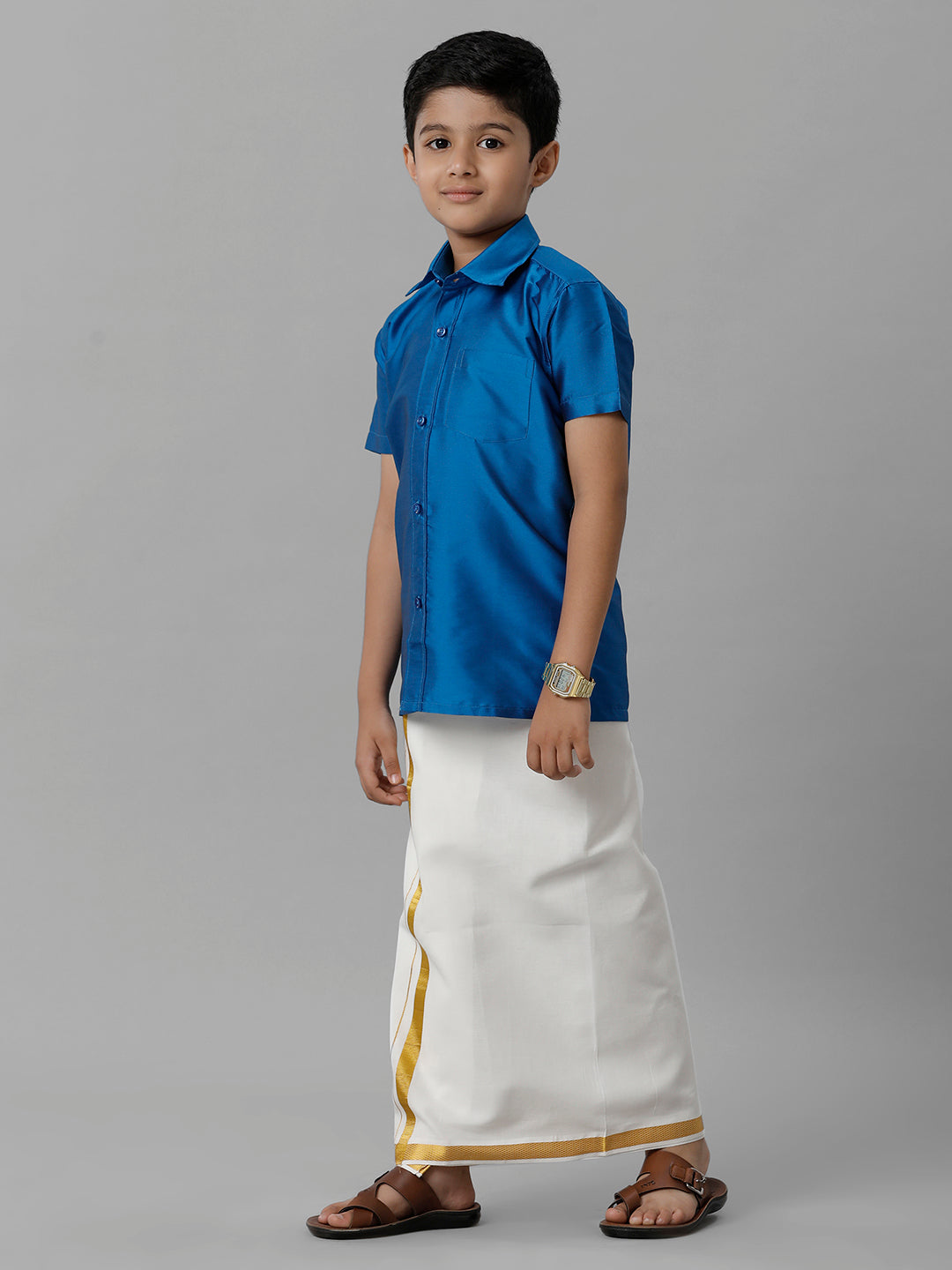 Boys Silk Cotton Royal Blue Half Sleeves Shirt with Adjustable Cream Dhoti Combo K10-Side view