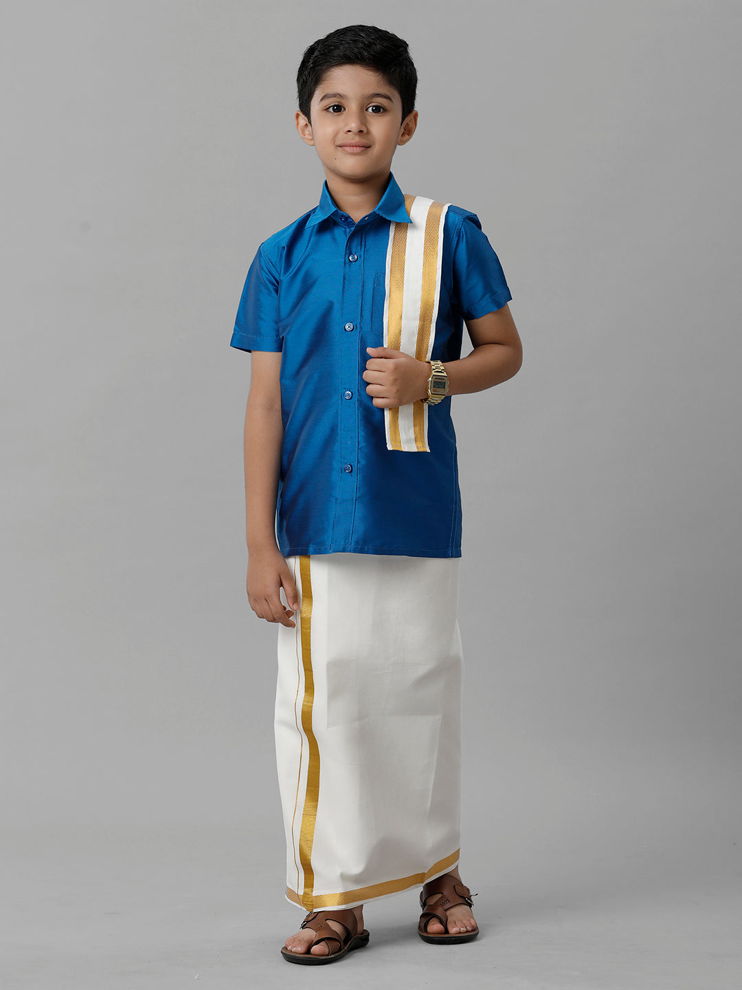 Boys Silk Cotton Royal Blue Half Sleeves Shirt with Adjustable Cream Dhoti Towel Combo K10-Front view