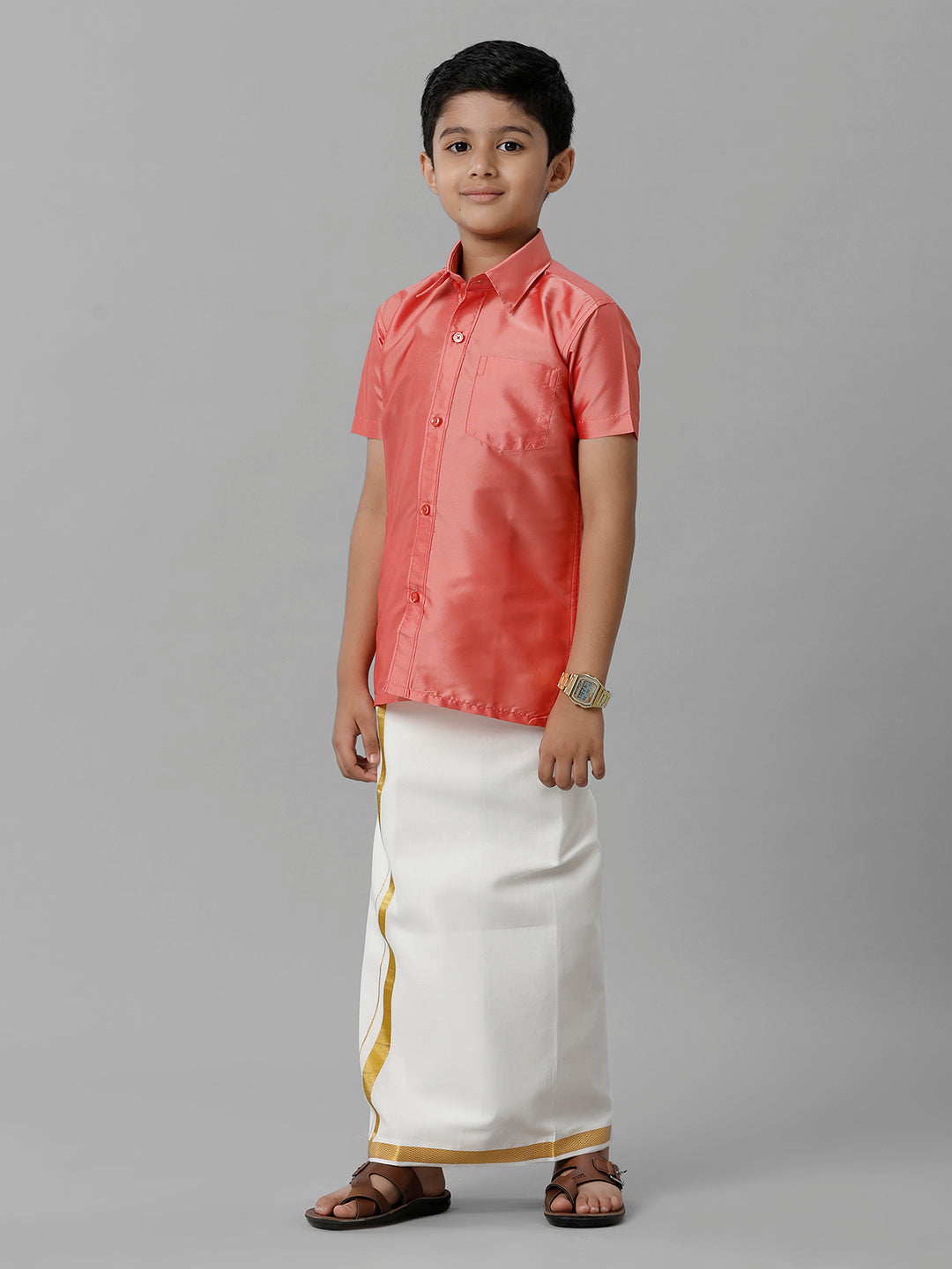 Boys Silk Cotton Pink Half Sleeves Shirt with Adjustable Cream Dhoti Combo K45-Full view