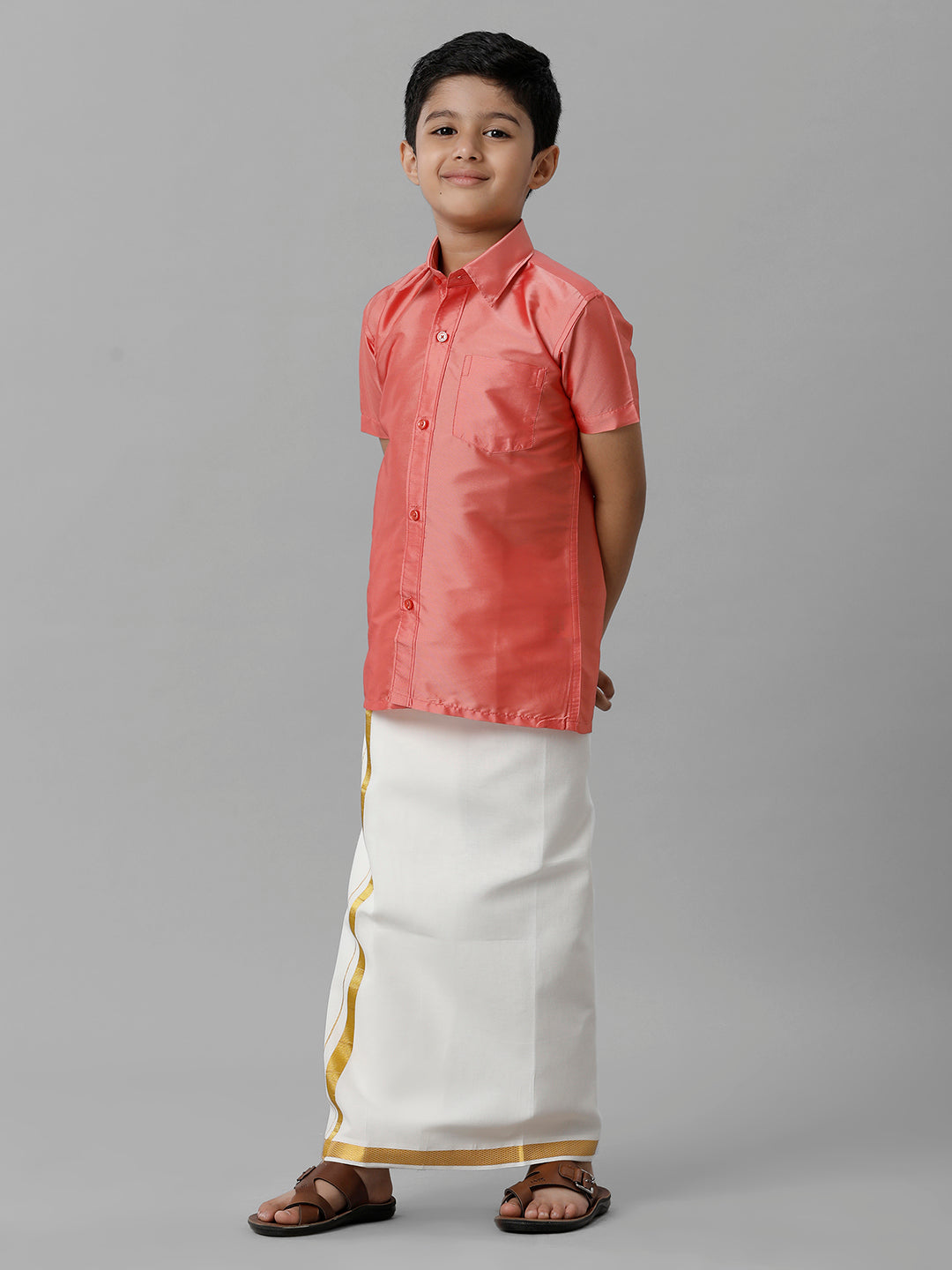 Boys Silk Cotton Pink Half Sleeves Shirt with Adjustable Cream Dhoti Combo K45-Front view