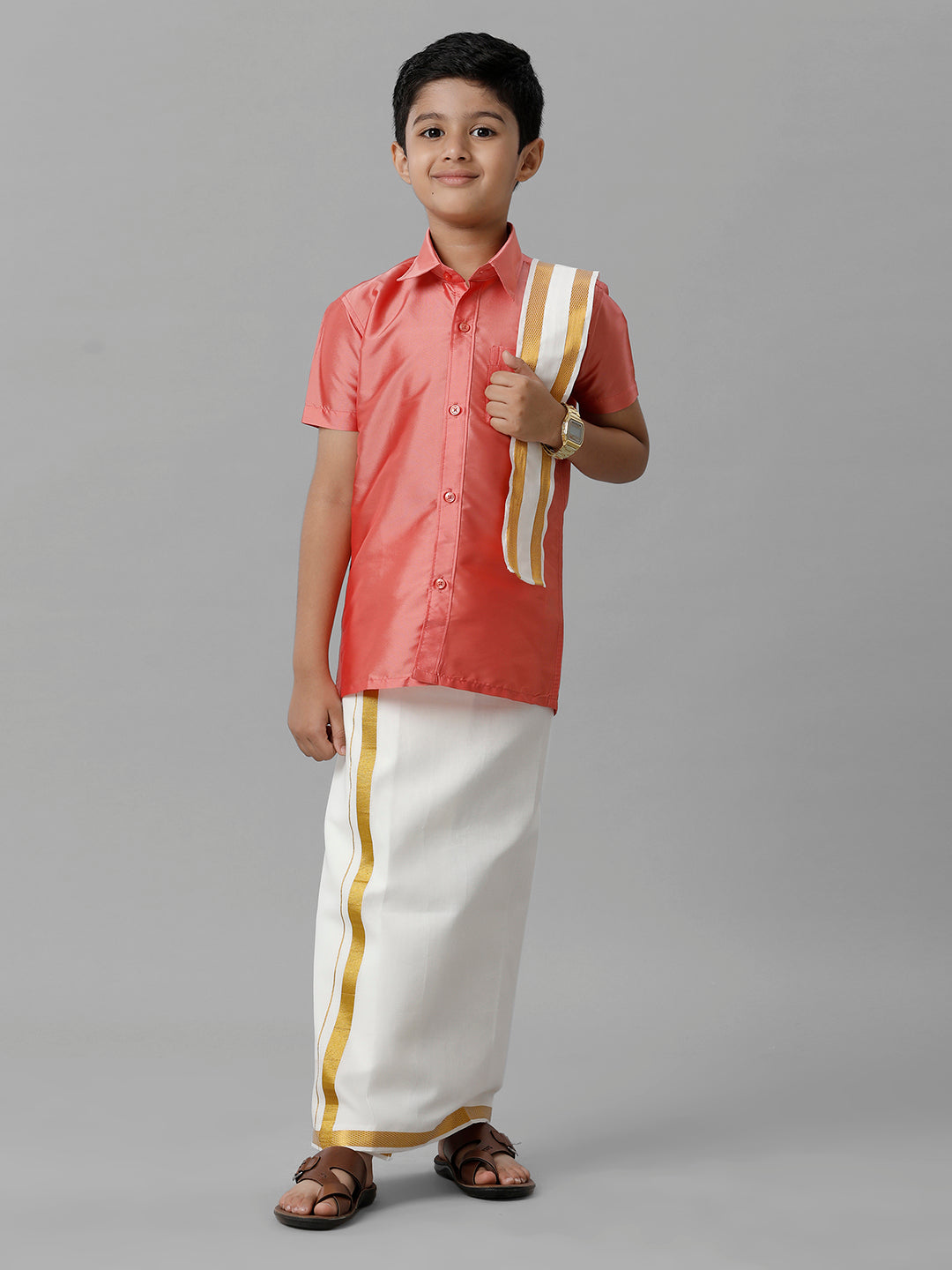 Boys Silk Cotton Pink Half Sleeves Shirt with Adjustable Cream Dhoti Towel Combo K45-Full view