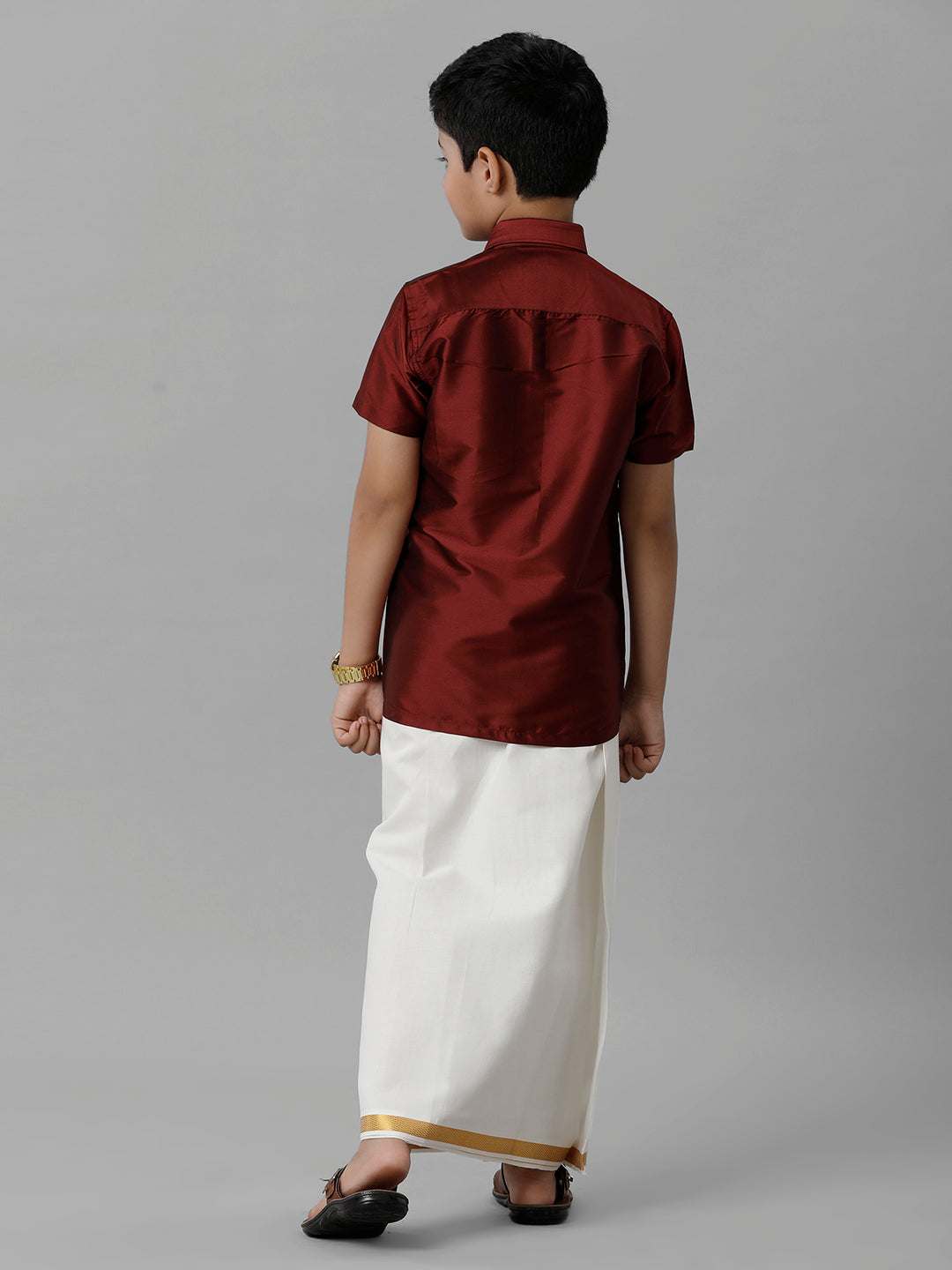 Boys Silk Cotton Maroon Half Sleeves Shirt with Adjustable Cream Dhoti Combo K7-Back view