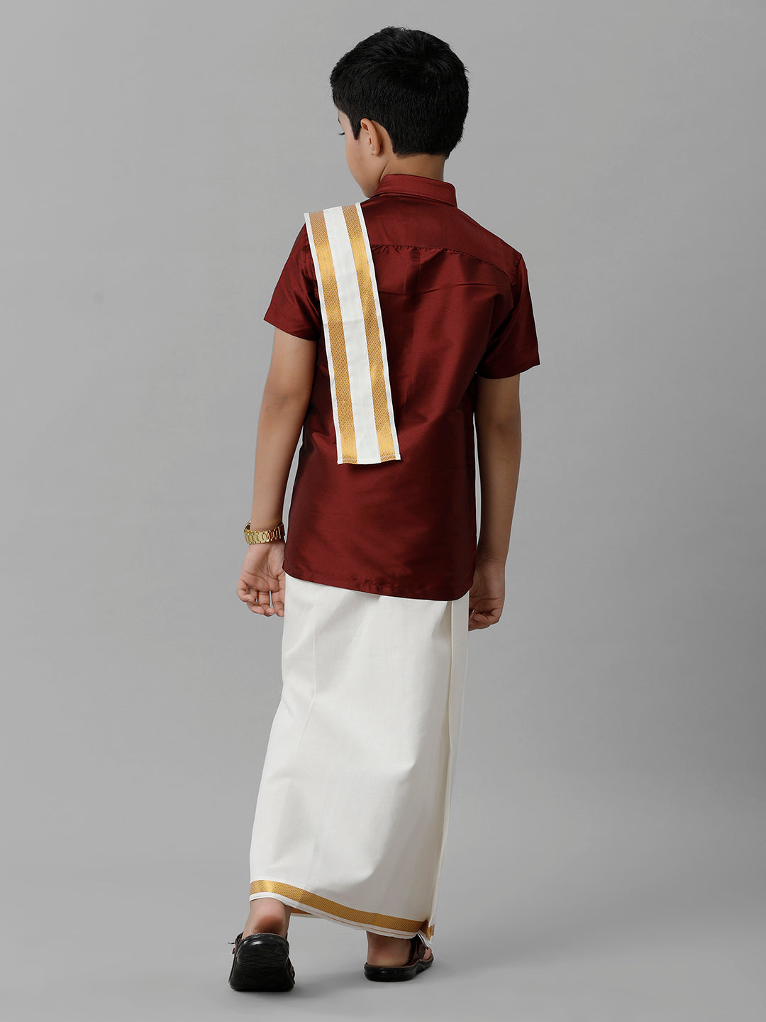 Boys Silk Cotton Maroon Half Sleeves Shirt with Adjustable Cream Dhoti Towel Combo K7-Back view