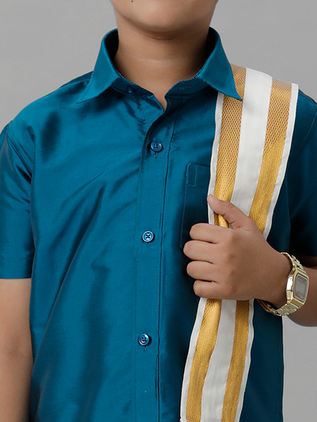 Boys Silk Cotton Blue Half Sleeves Shirt with Adjustable Cream Dhoti Towel Combo K1-Zoom view