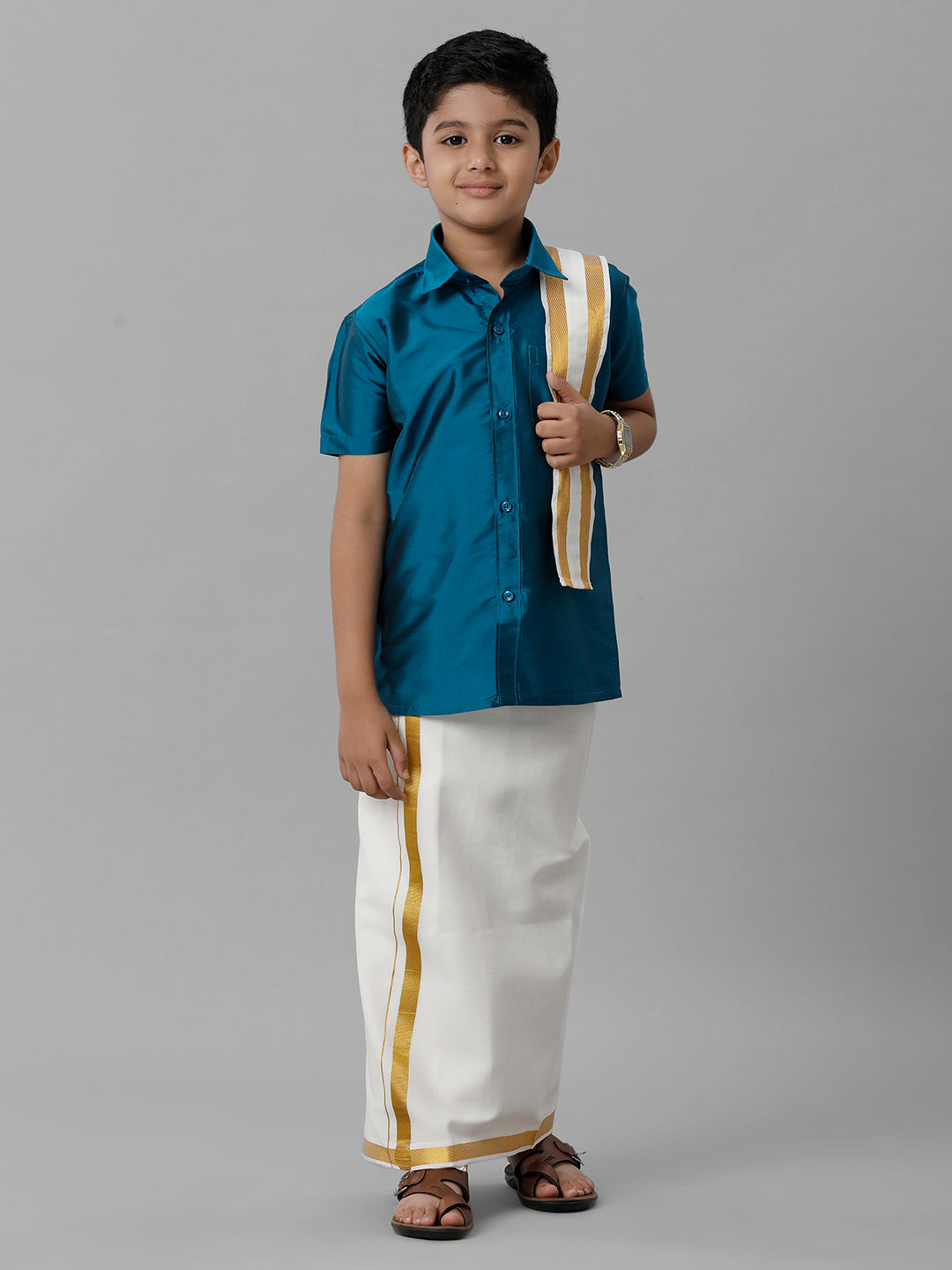 Boys Silk Cotton Blue Half Sleeves Shirt with Adjustable Cream Dhoti Towel Combo K1-Front view