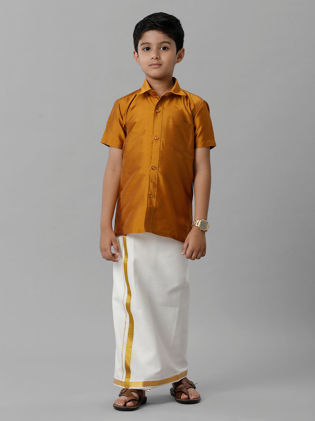 Boys Silk Cotton Mustard Half Sleeves Shirt with Adjustable Cream Dhoti Combo K37-Full view