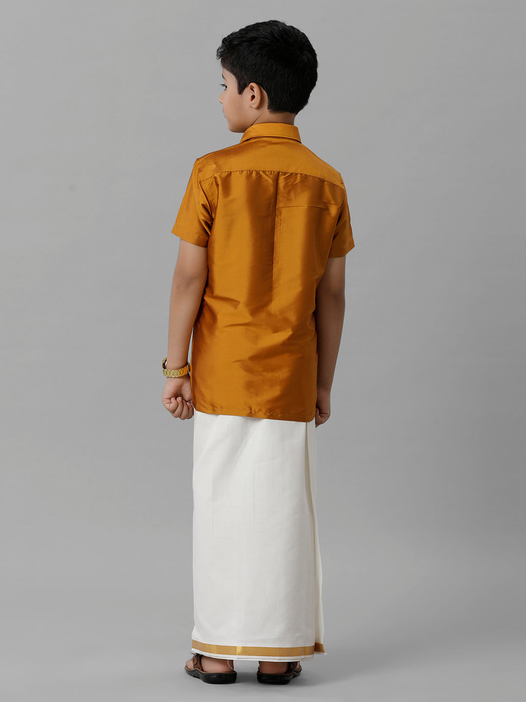 Boys Silk Cotton Mustard Half Sleeves Shirt with Adjustable Cream Dhoti Combo K37-Back view