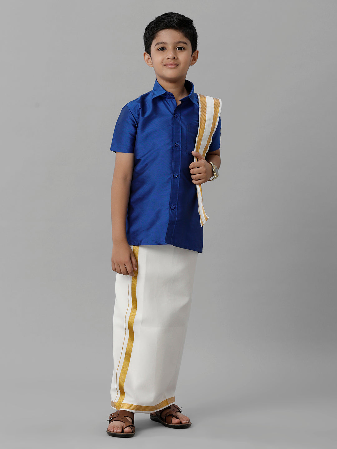 Boys Silk Cotton Blue Half Sleeves Shirt with Adjustable Cream Dhoti Towel Combo K5