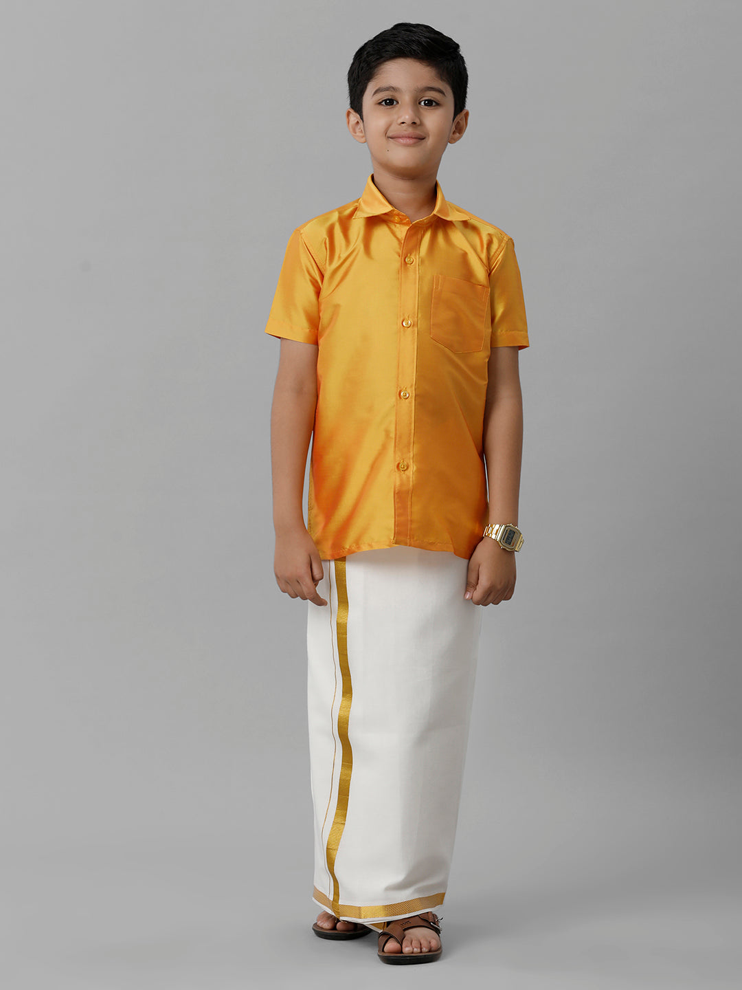 Boys Silk Cotton Dhoti Set, Kids Cream Color Shirt