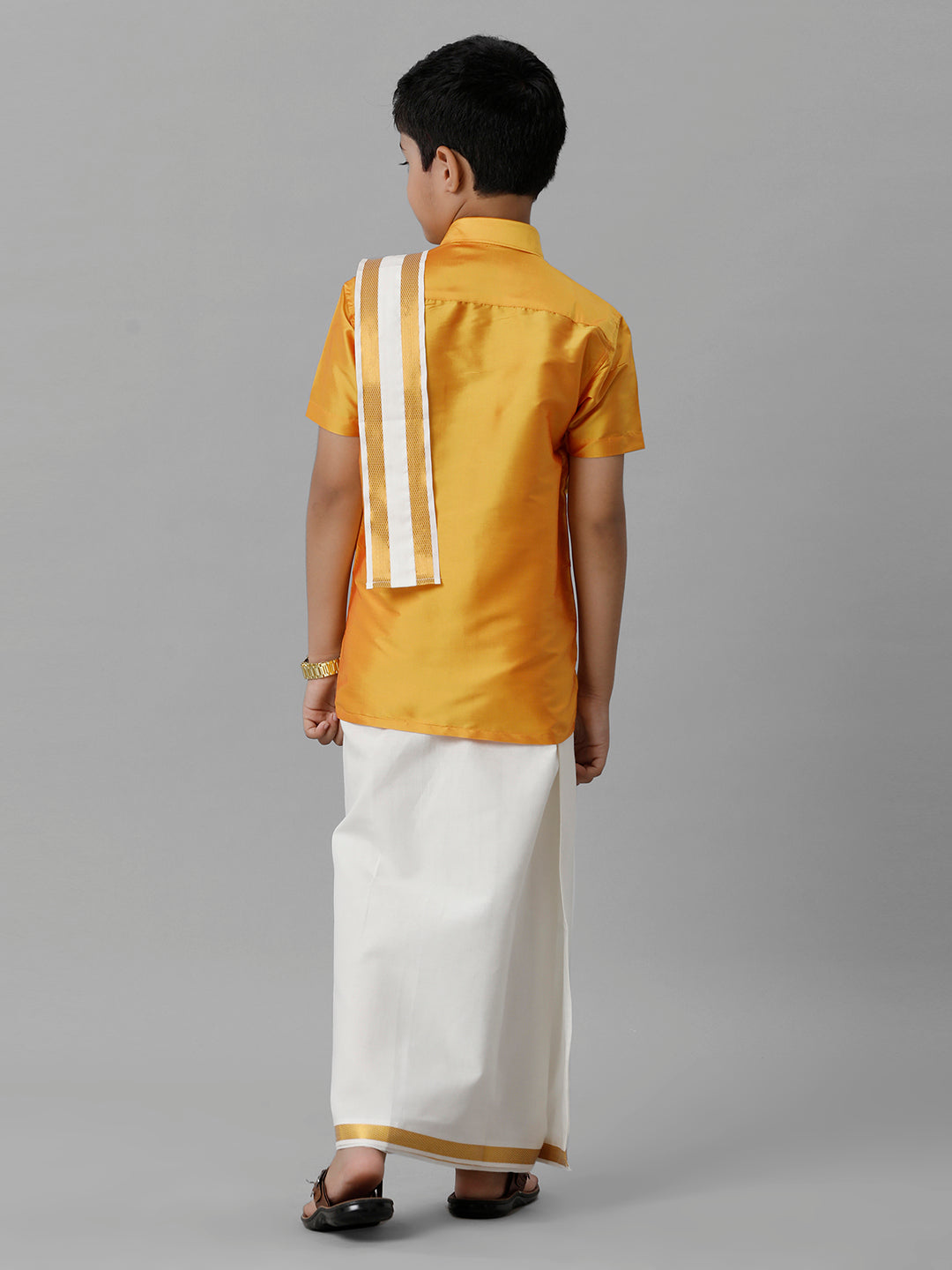 Boys Silk Cotton Yellow Half Sleeves Shirt with Adjustable Cream Dhoti Towel Combo K6-Back view