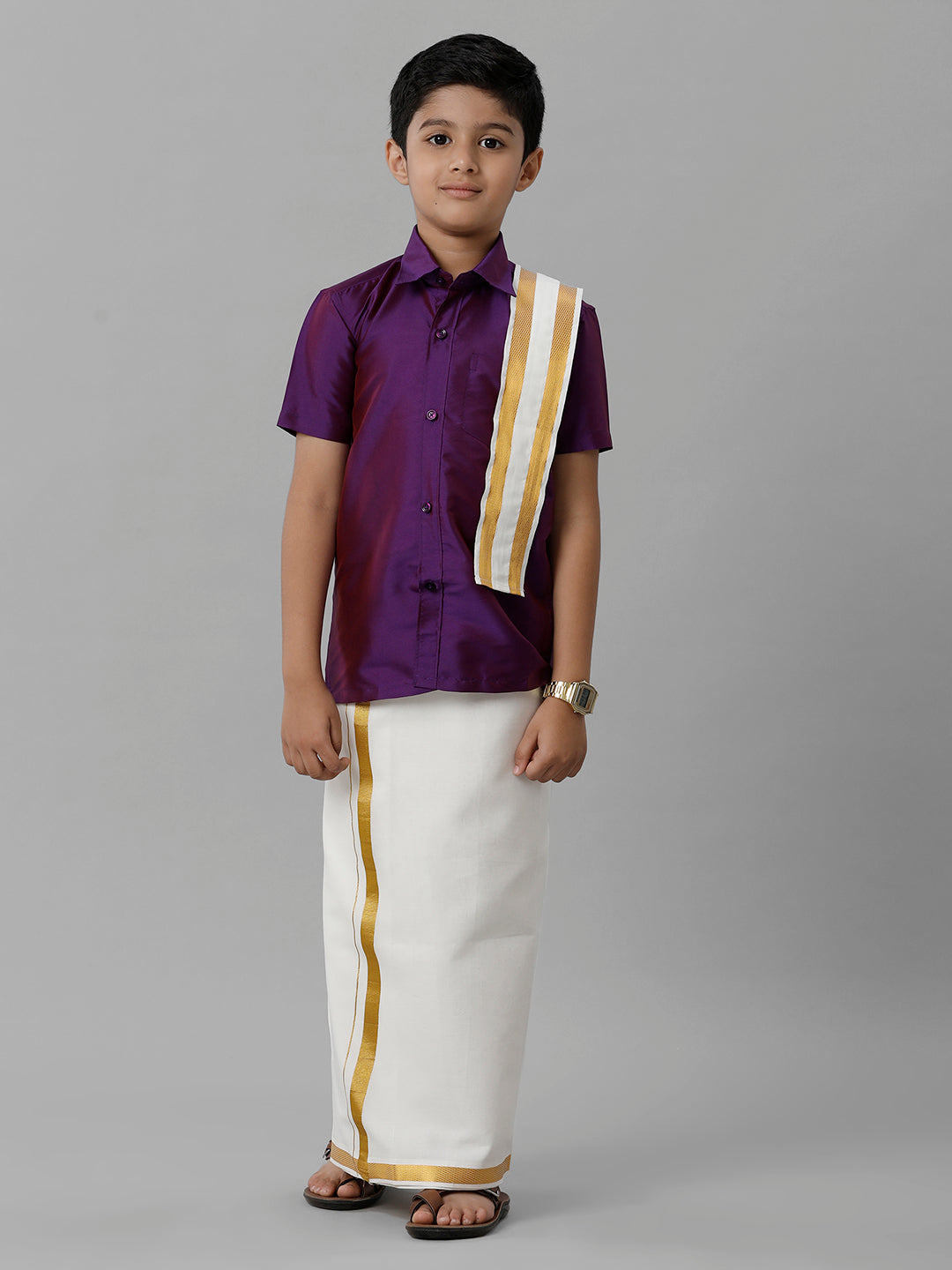 Boys Silk Cotton Violet Half Sleeves Shirt with Adjustable Cream Dhoti Towel Combo K21