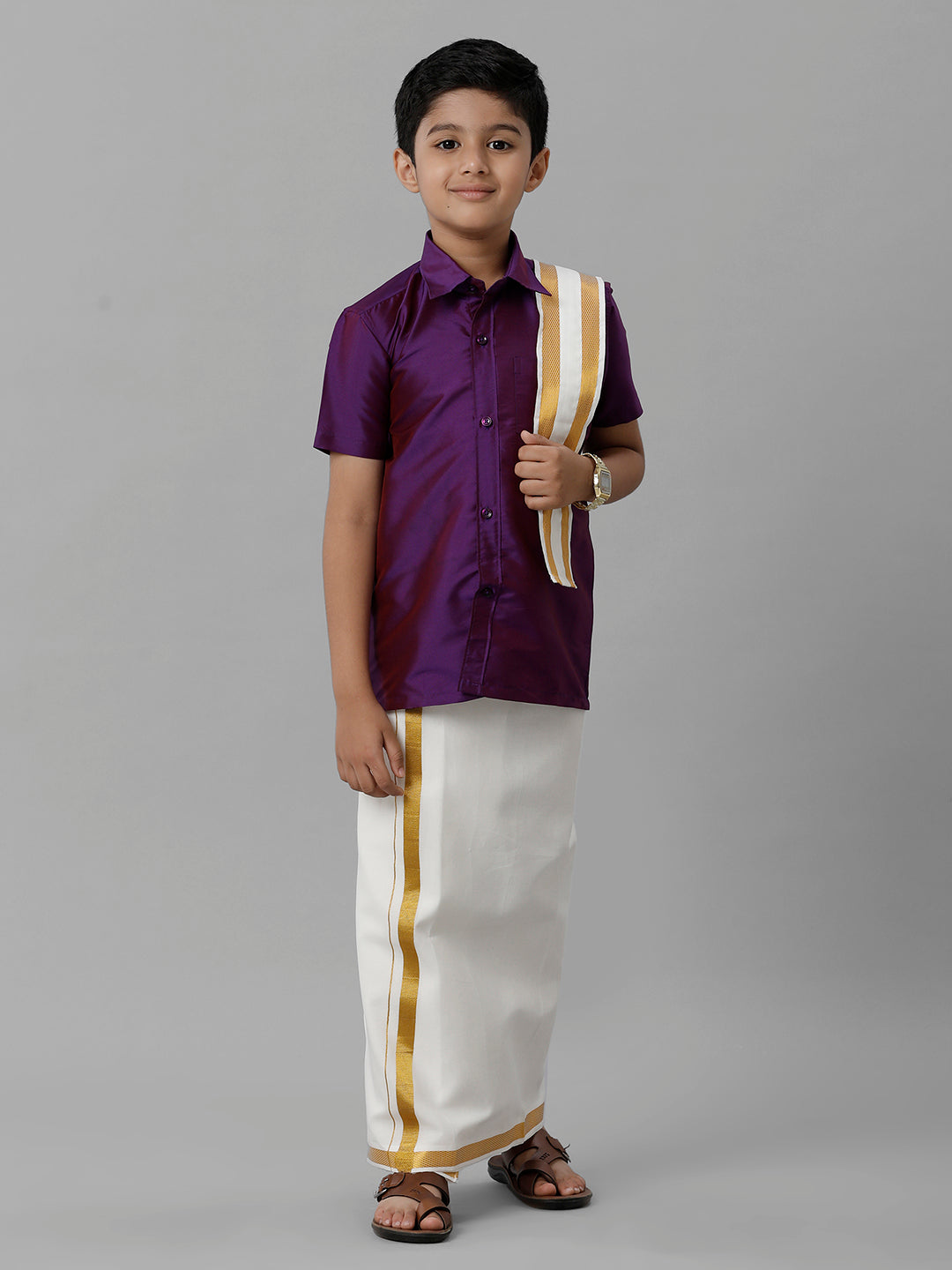 Boys Silk Cotton Violet Half Sleeves Shirt with Adjustable Cream Dhoti Towel Combo K21-Front view