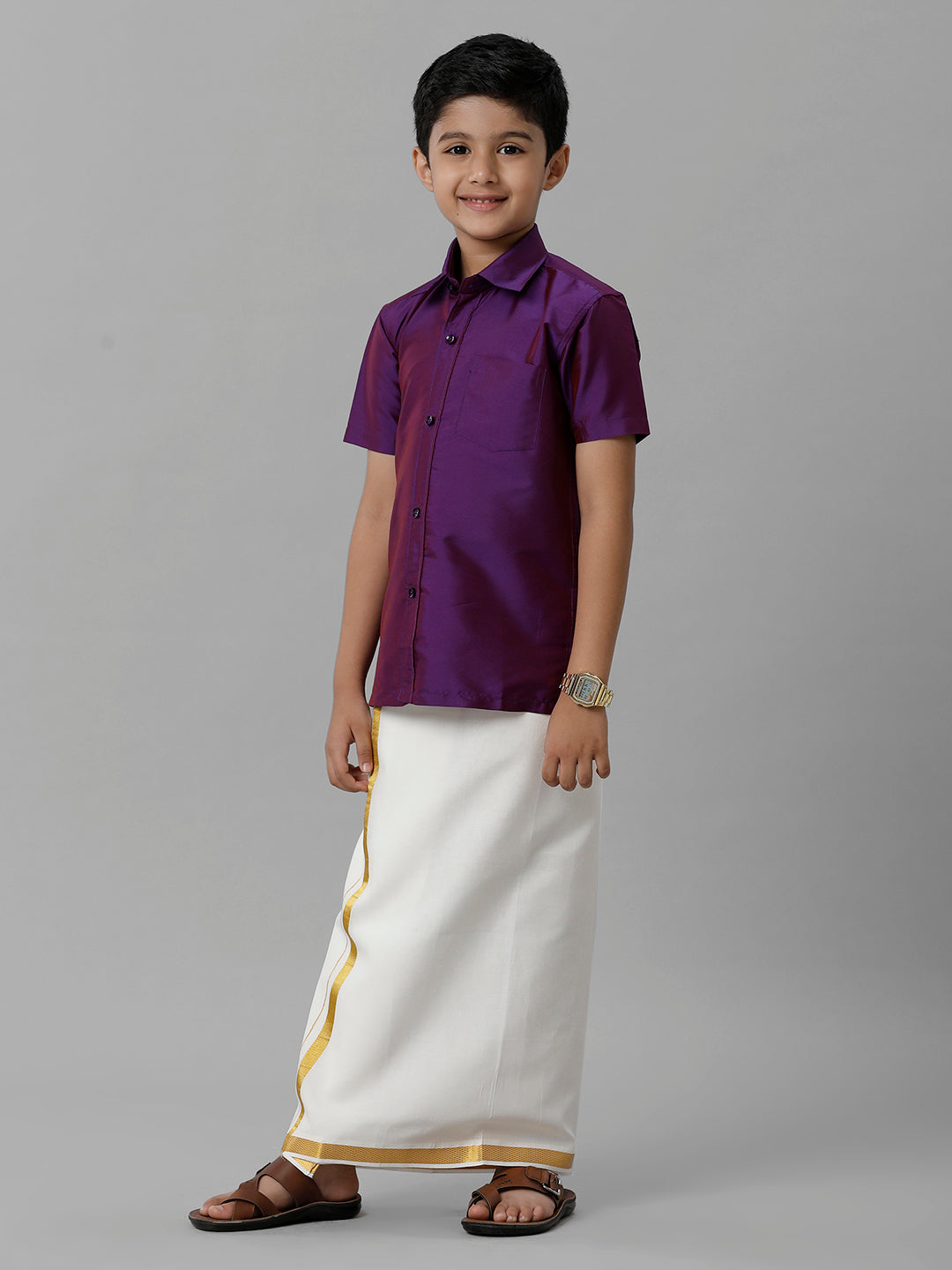 Boys Silk Cotton Violet Half Sleeves Shirt with Adjustable Cream Dhoti Combo K21-Side view