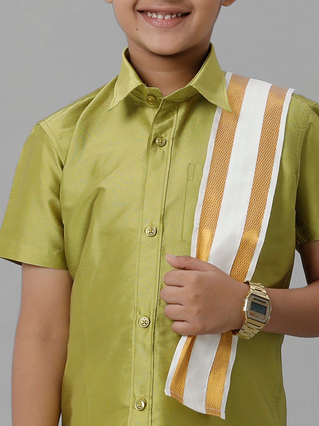 Boys Silk Cotton Lemon Green Half Sleeves Shirt with Adjustable Cream Dhoti Towel Combo K44-Zoom view