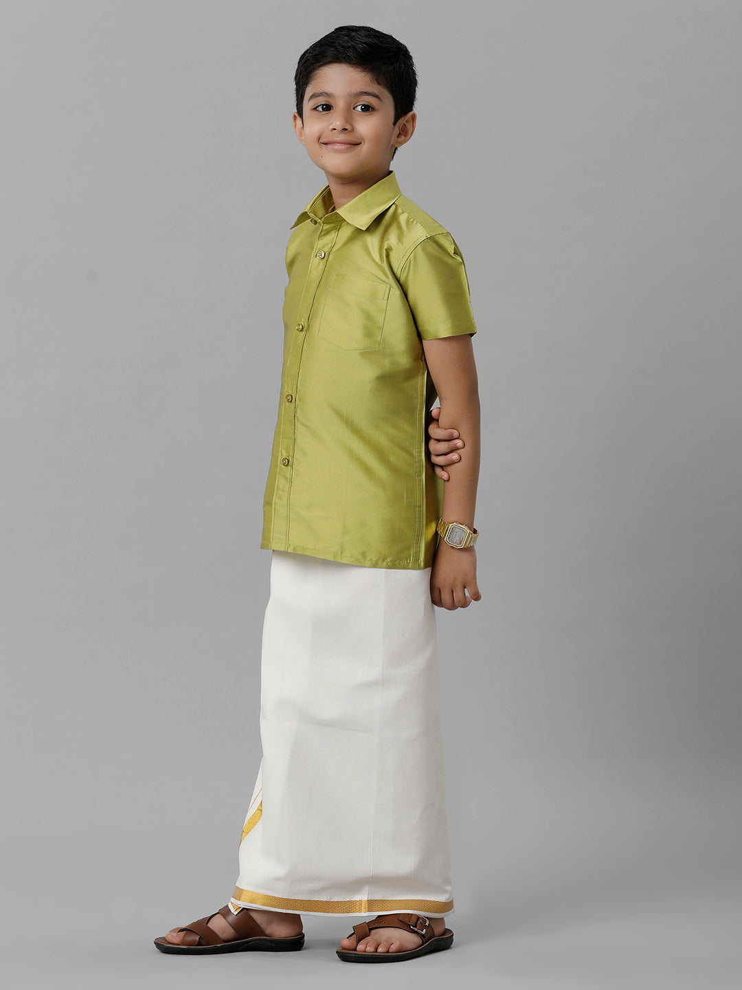 Boys Silk Cotton Lemon Green Half Sleeves Shirt with Adjustable Cream Dhoti Combo K44-Side view
