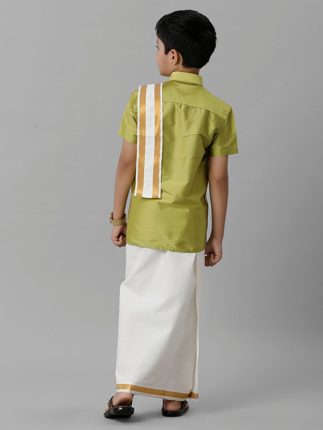 Boys Silk Cotton Lemon Green Half Sleeves Shirt with Adjustable Cream Dhoti Towel Combo K44-Back view