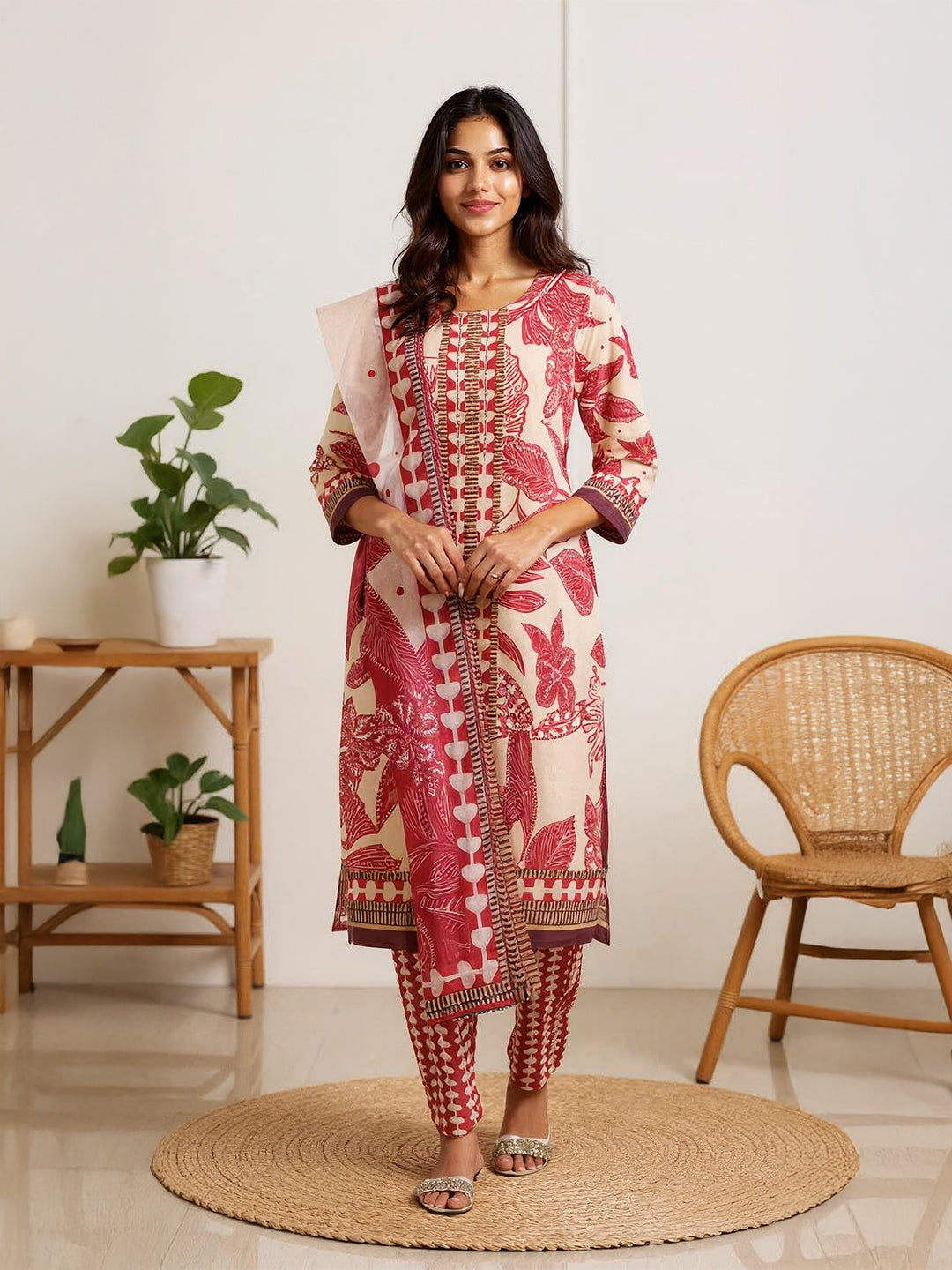 Women Sandal with Red Cotton Printed Kurti Set EKS51