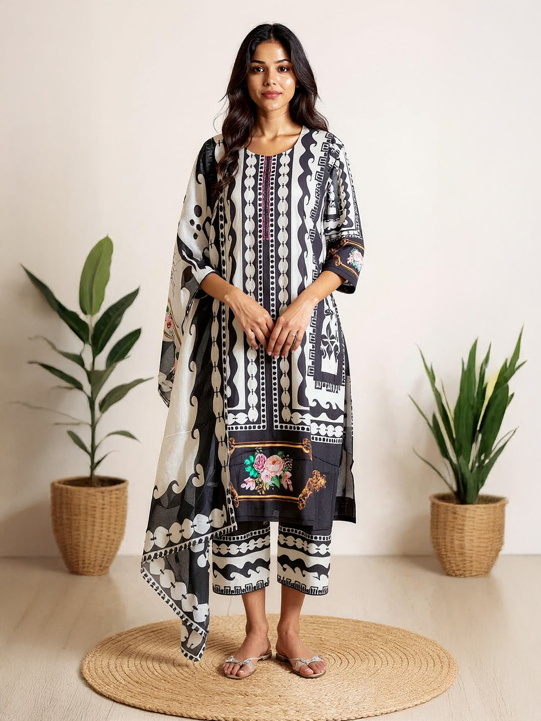 Women Black&OffWhite Cotton Printed Kurti Set EKS53
