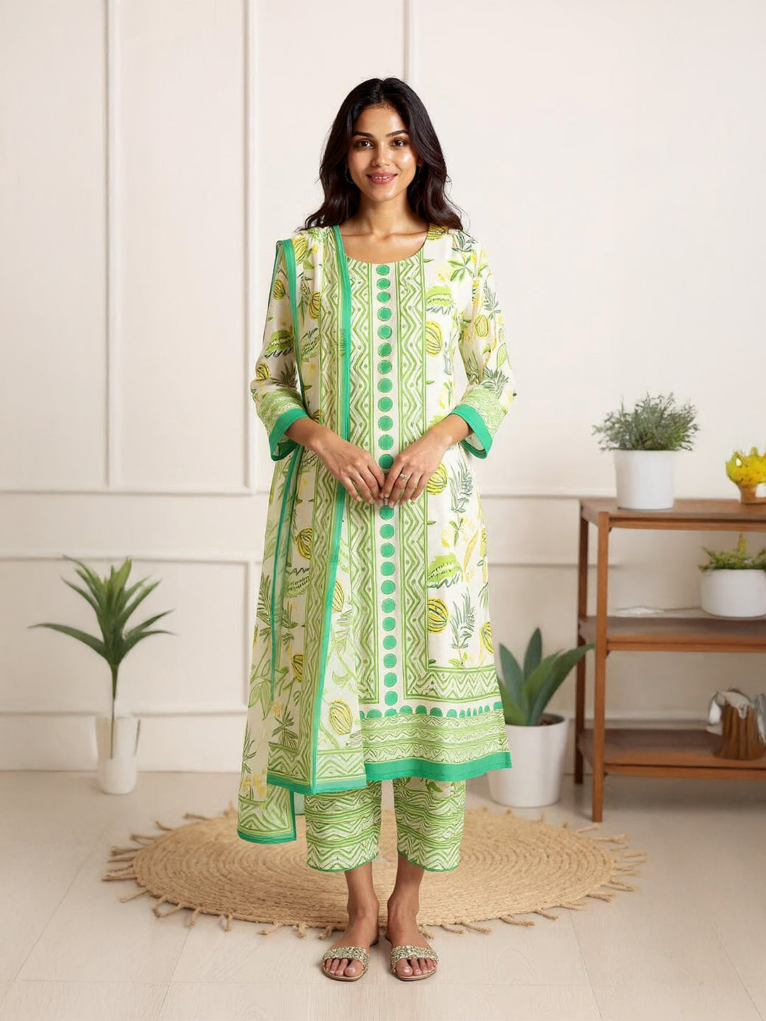 Women Green Cotton Printed Kurti Set EKS54