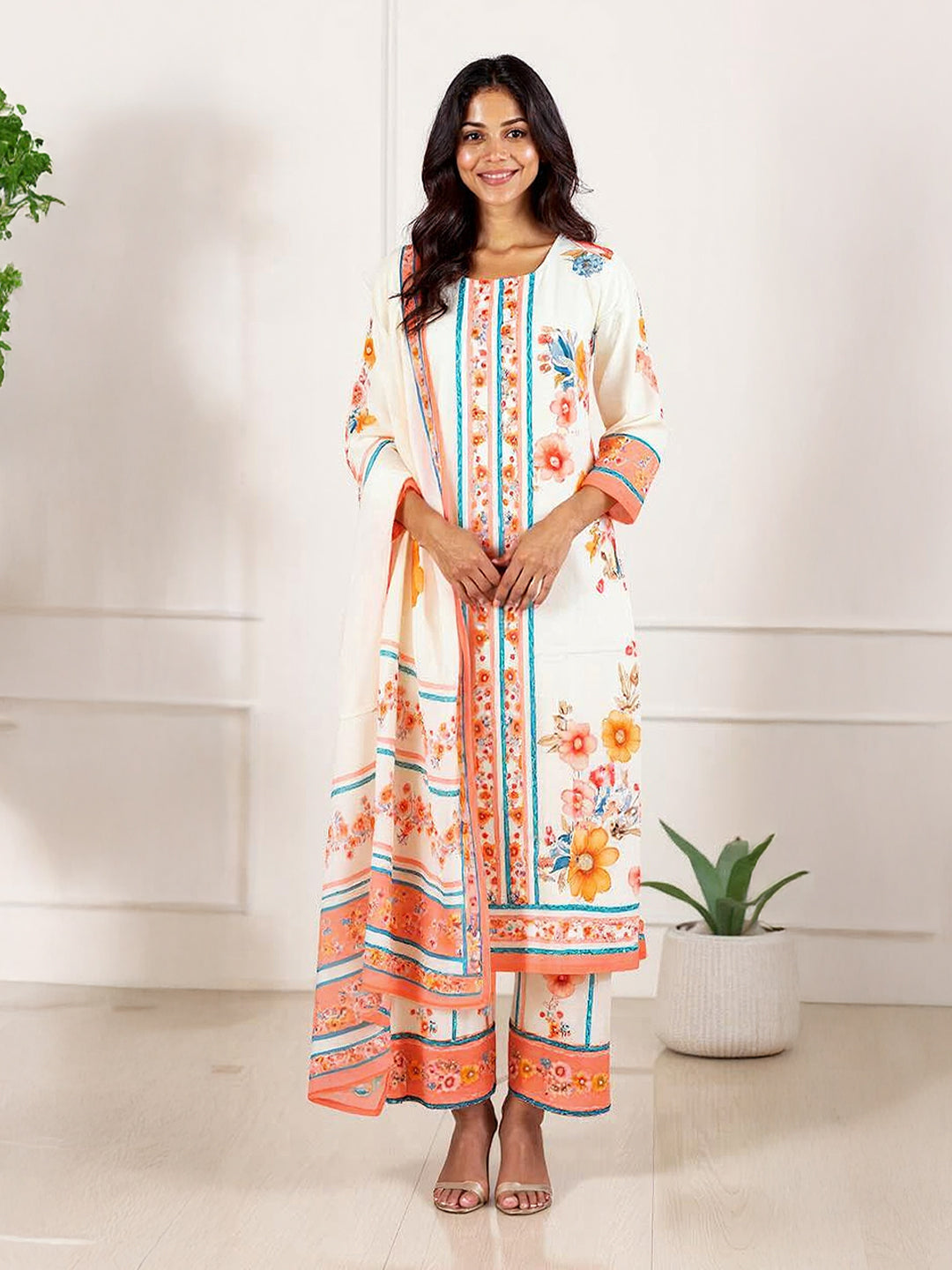 Women Cream Cotton Kurti Set EKS57