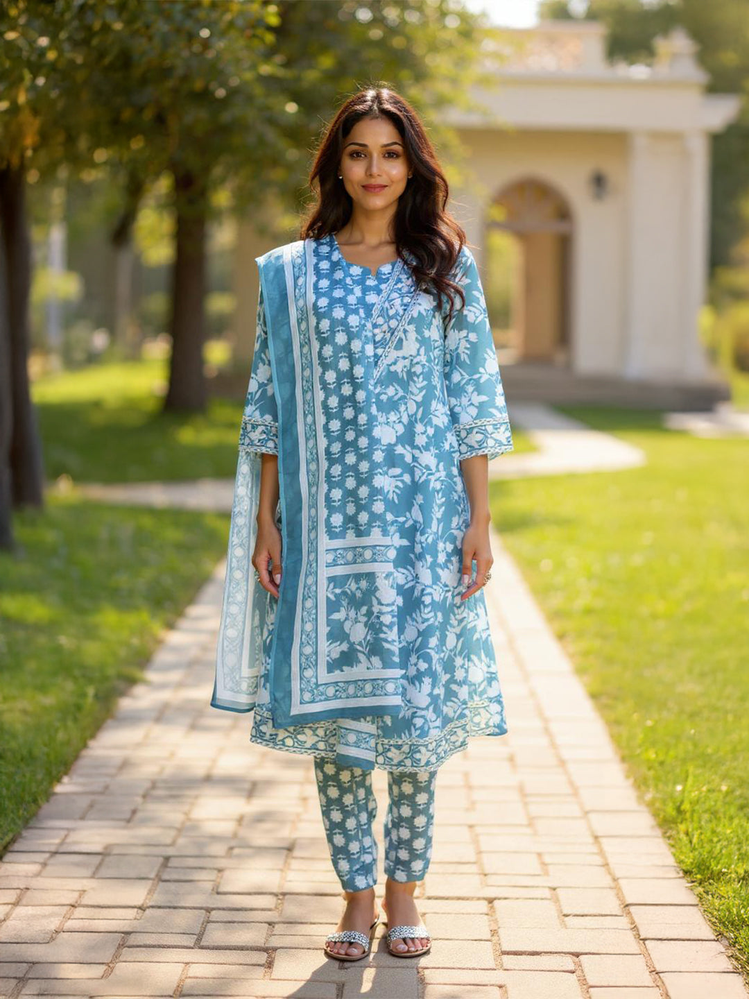 Women Blue Cotton Kurti Set EKS63