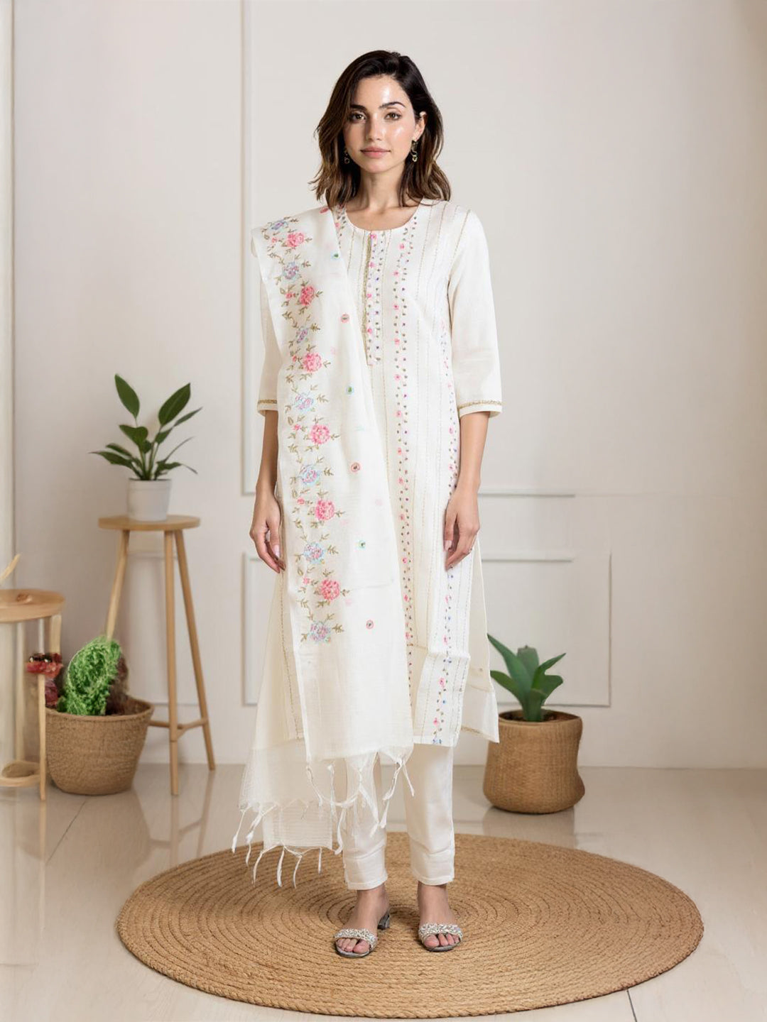 Women Cotton White Embroidered Kurti Set EKS64