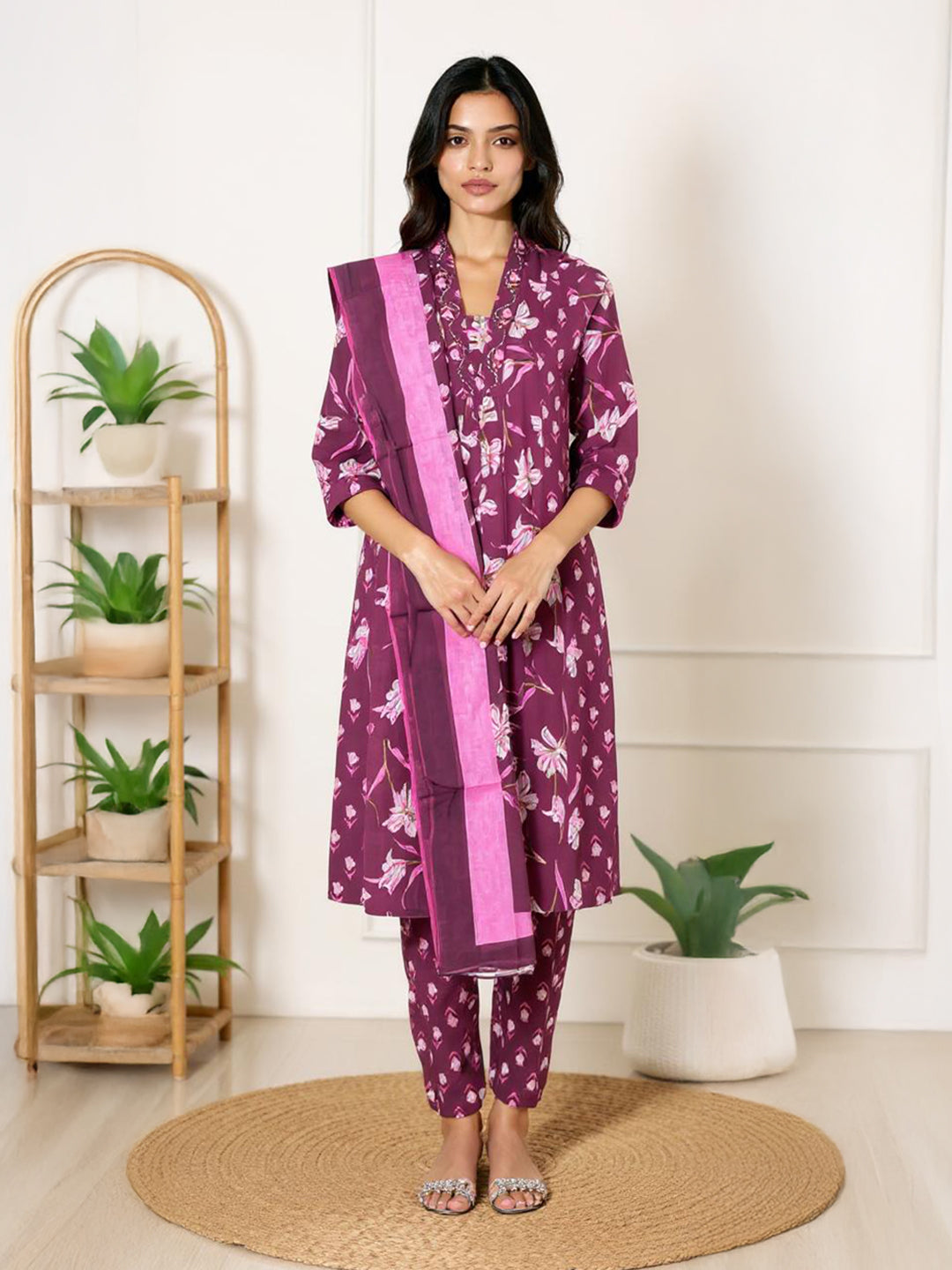 Women Grape Cotton Kurti Set EKS66