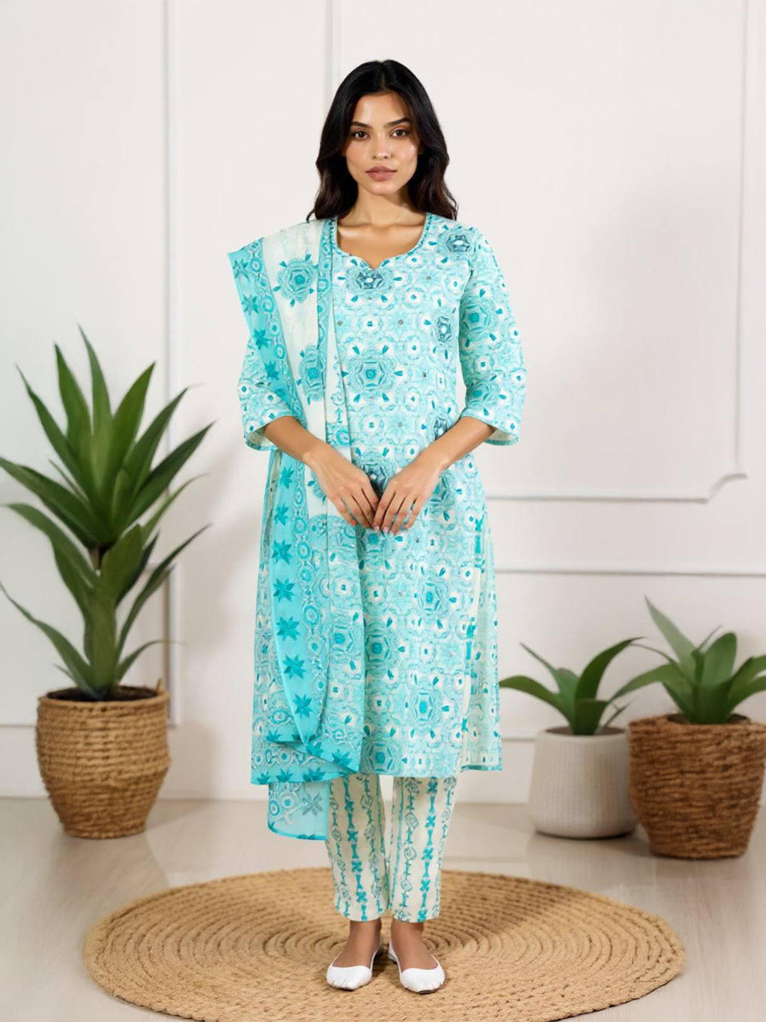 Women Blue Cotton Kurti Set EKS67